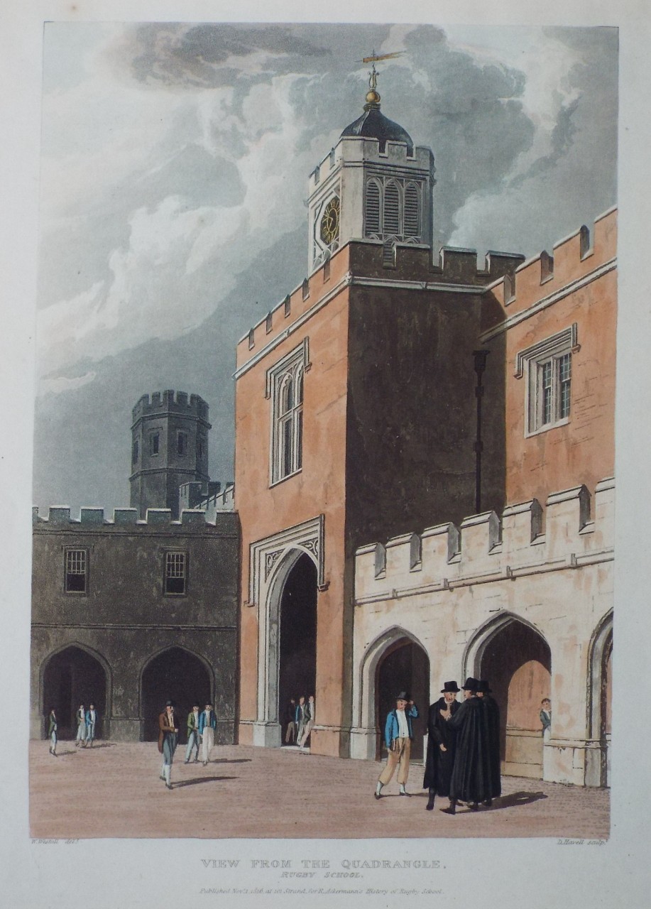 Aquatint - View from the Quadrangle, Rugby School. - Havell