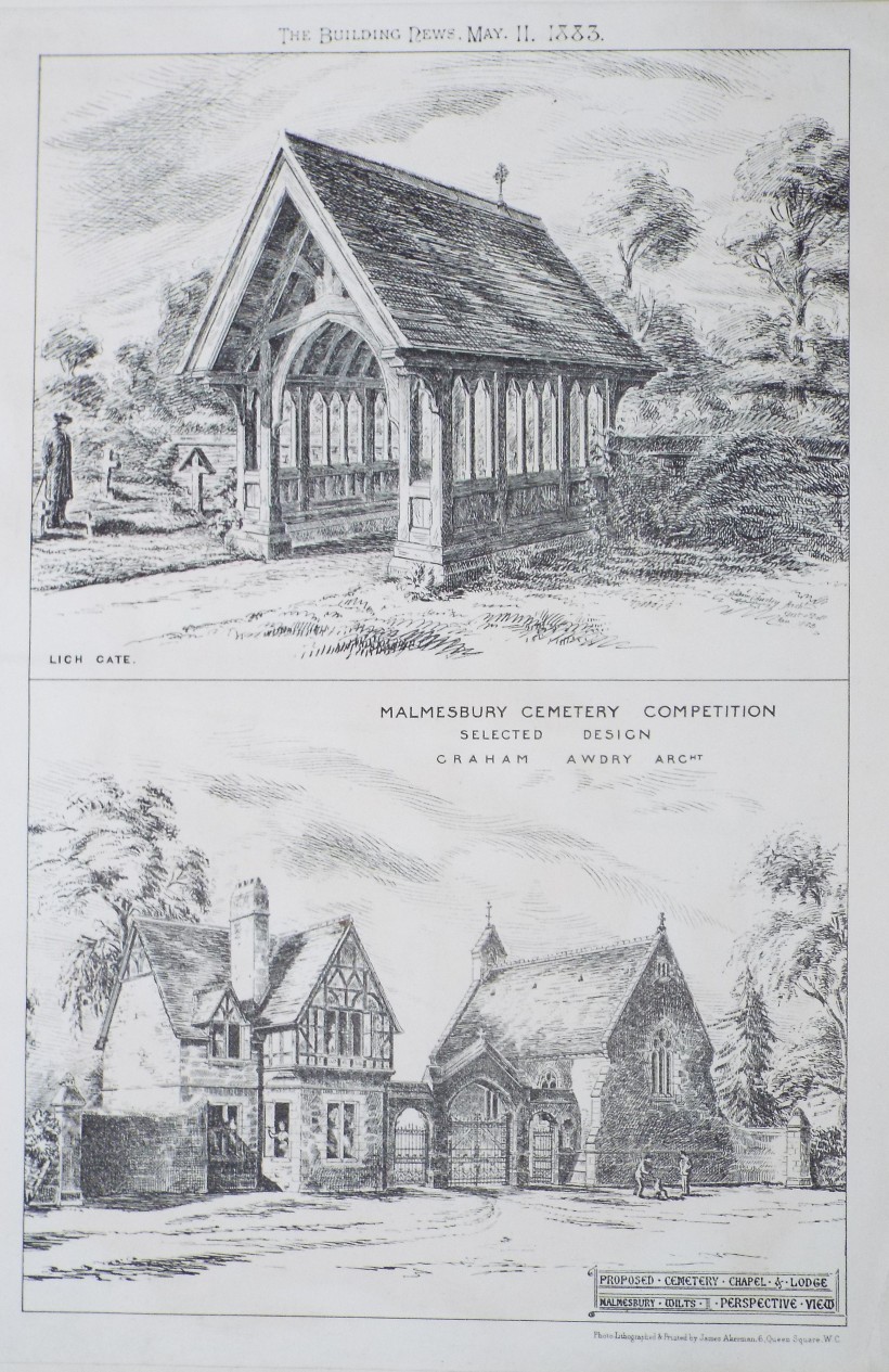 Photo-lithograph - Malmesbury Cemetery Propoed Cemetery Chapel & Lodge.