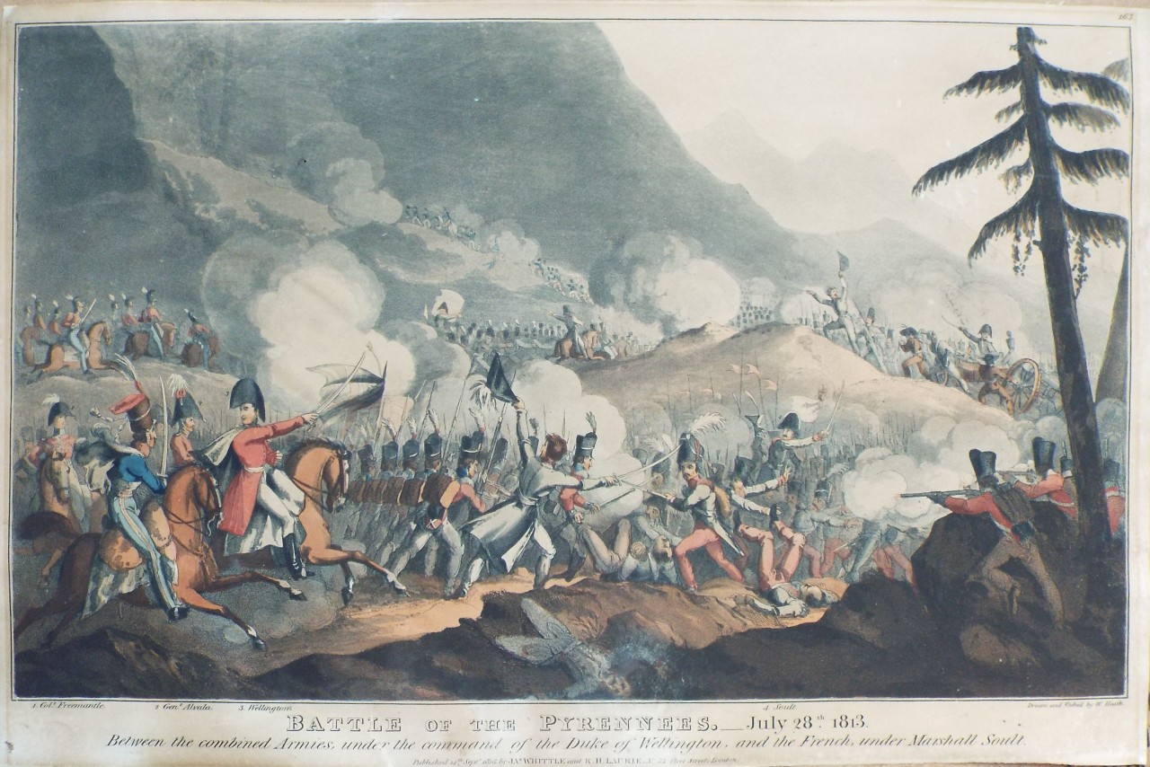 Aquatint - Battle of the Pyrenees. July 28th. 1813. Between the combined Armies, under the commnd of the Duke of Wellington, and the French, under Marshall Soult. - Heath