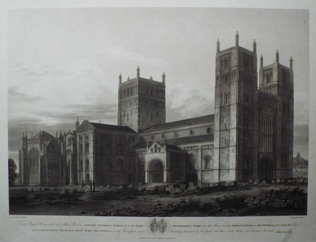 Aquatint - North West View of the Collegiate Church of St. Mary, Southwell Minster - Reeve