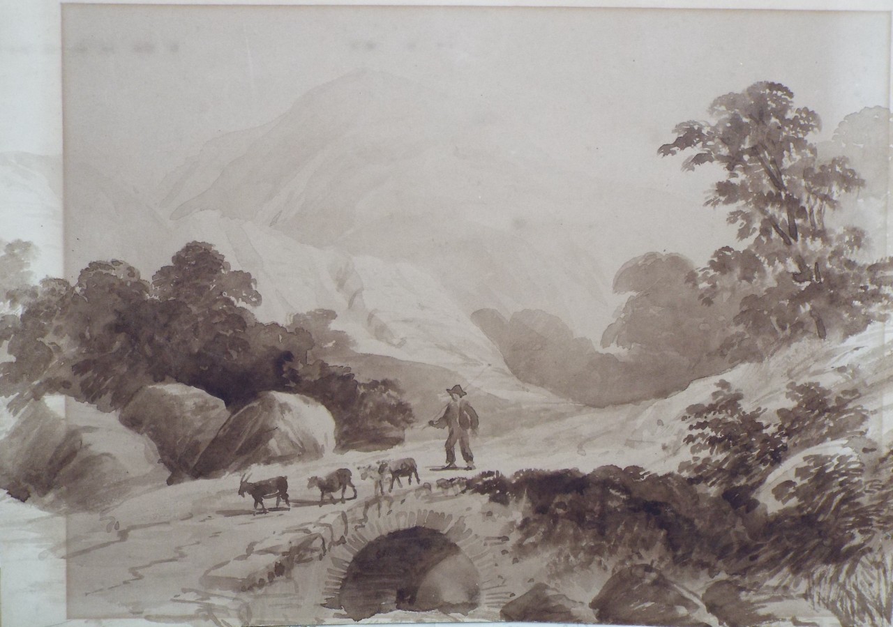 Watercolour - Man and three goats crossing a bridge