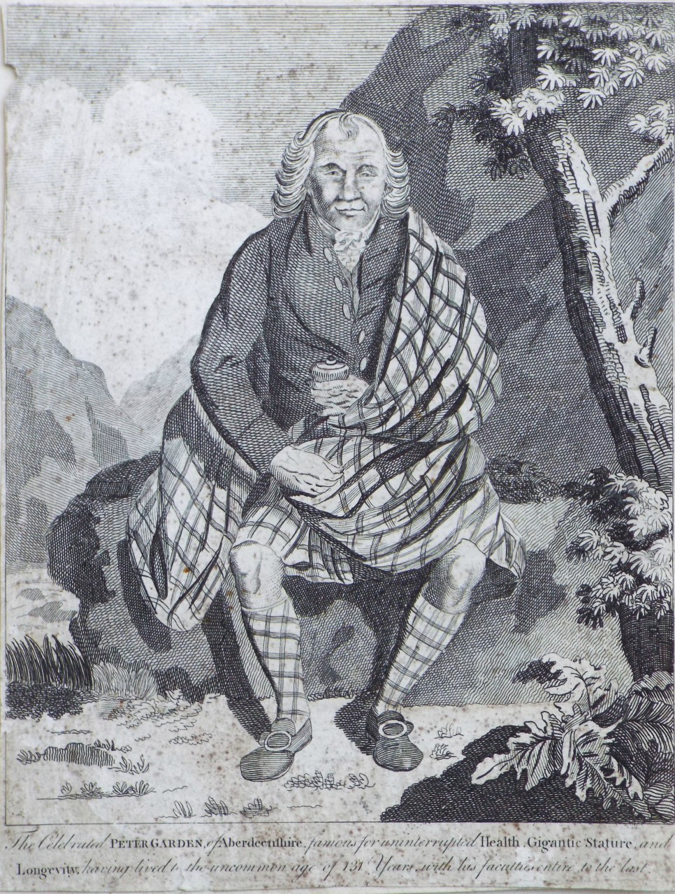 Print - The Celebrated Peter Garden, of Aberdeenshire, famous for uninterrupted Health, Gigantic Stature, and Longevity, having lived to the uncommonl age of 131 Years, with his faculties entire to the last.