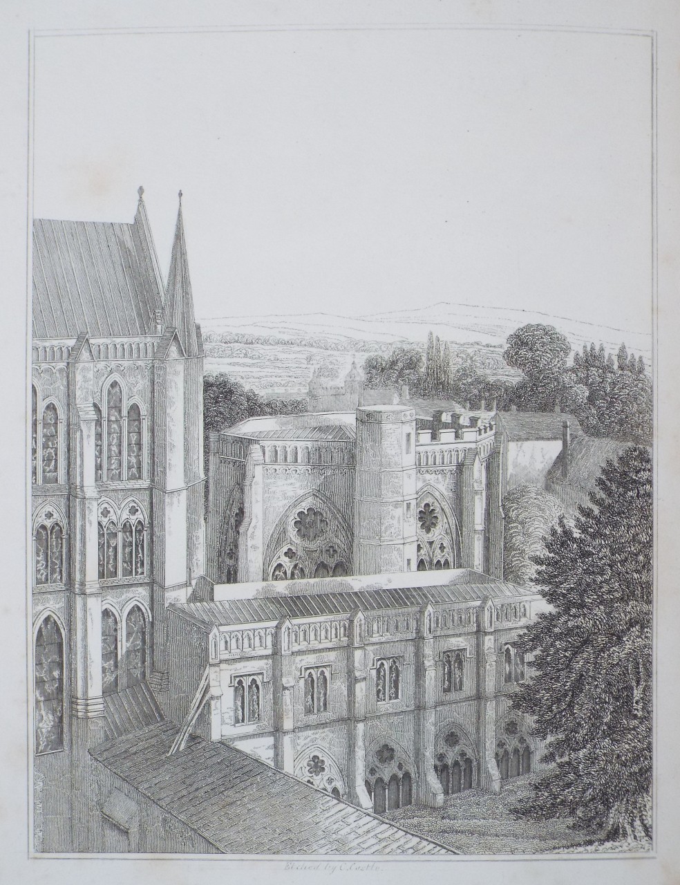 Print - Bird's-eye view of Cathedral, Chapter-House and Cloisters - Castle