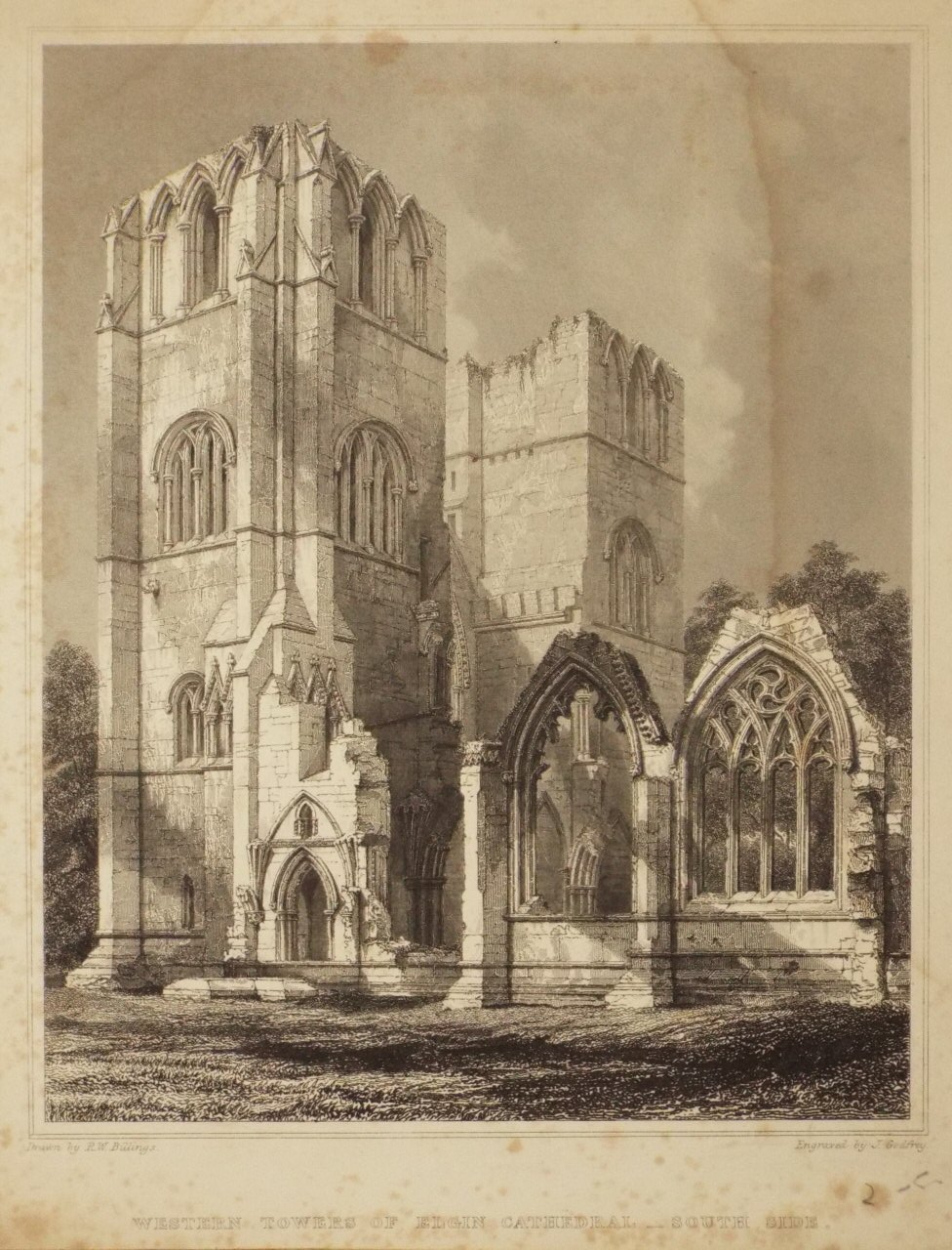 Print - Westrn Towers of Elgin Cathedral - South Side. - Godfrey