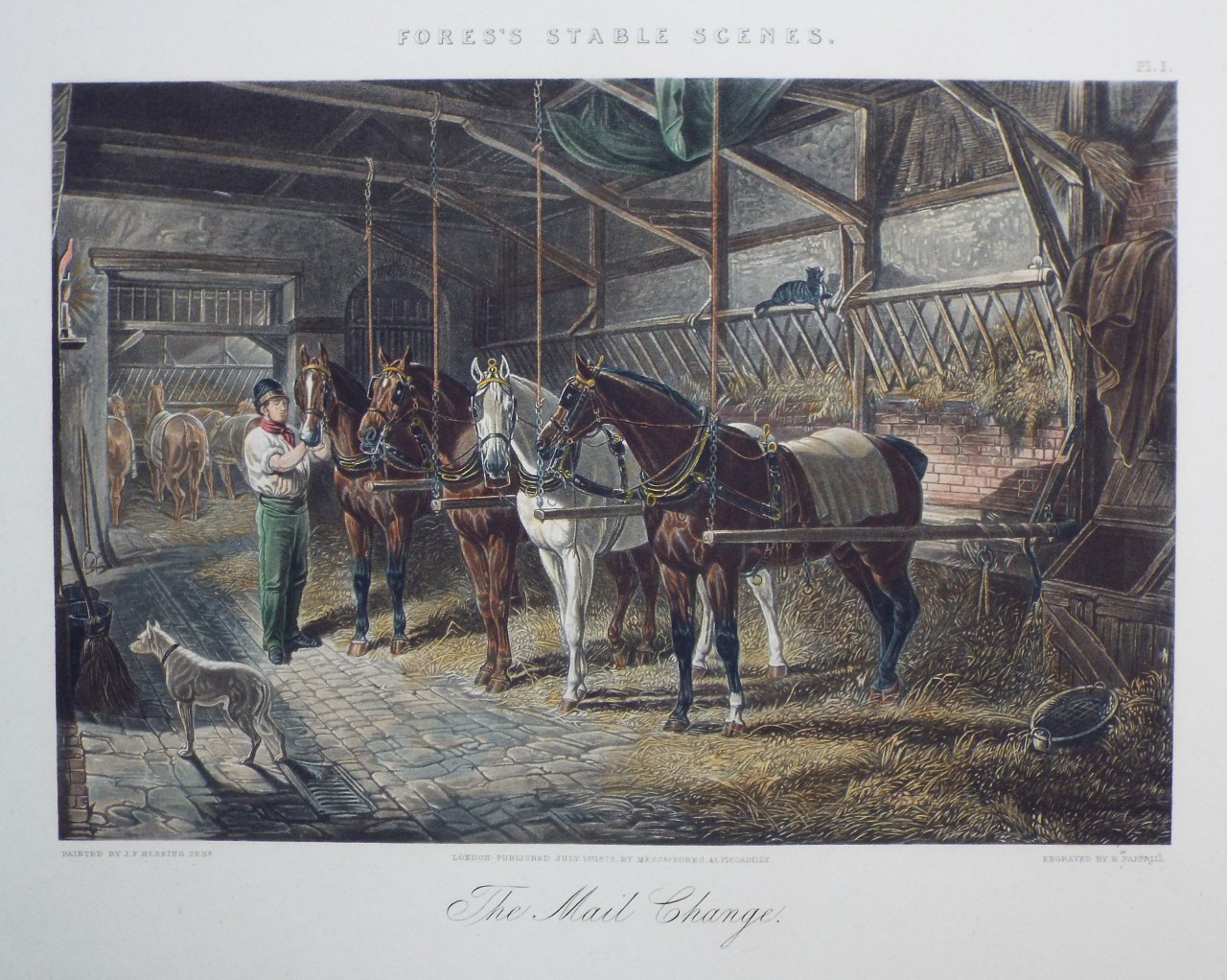 Aquatint - Fores's Stable Scenes. The Mail Change. - Papprill