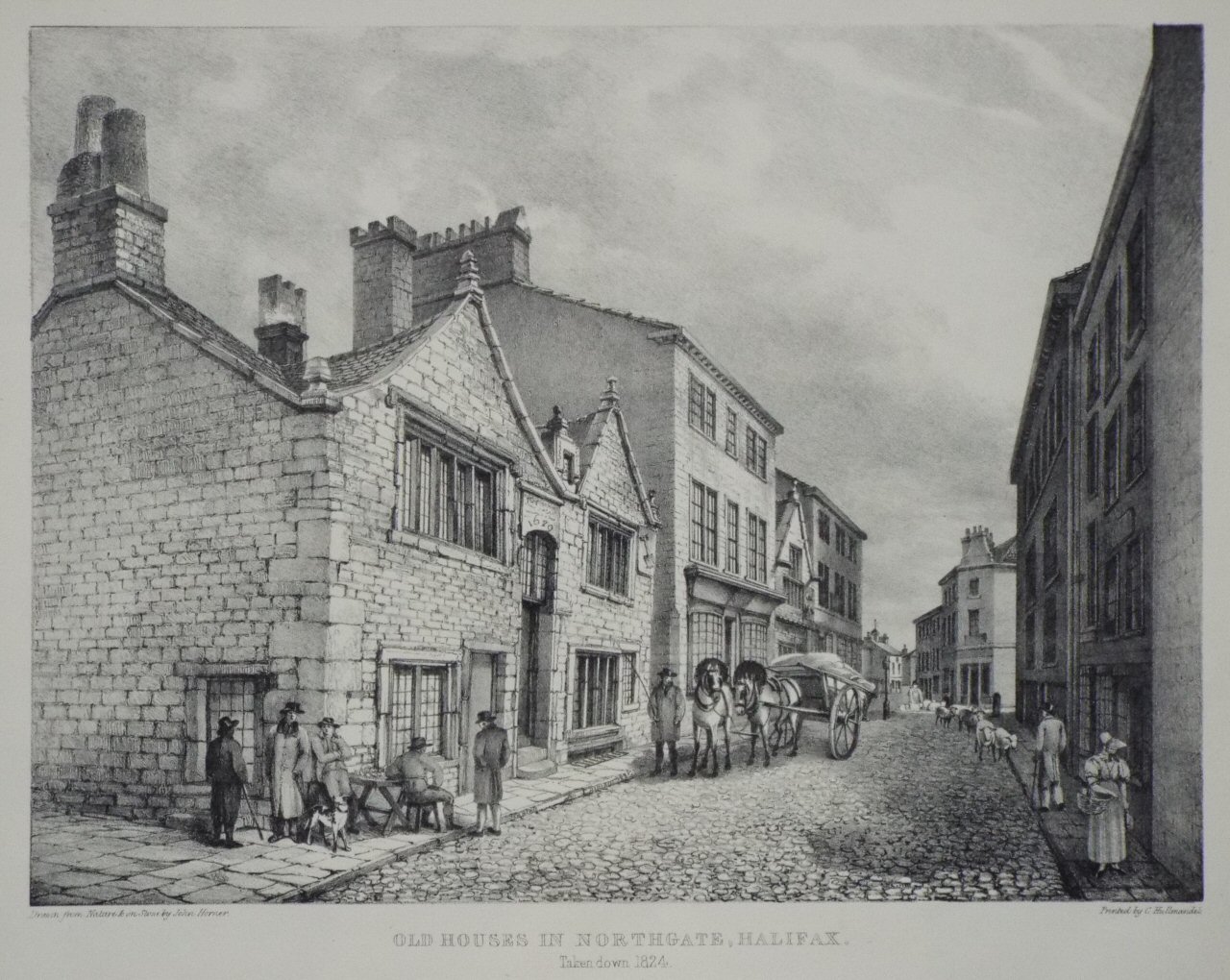 Lithograph - Old Houses in Northgate, Halifax. Taken down in 1824. - Horner