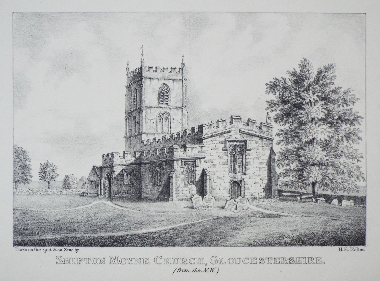 Zinc Lithograph - Shipton Moyne Church, Gloucestershire. (from the N.W.) - Relton