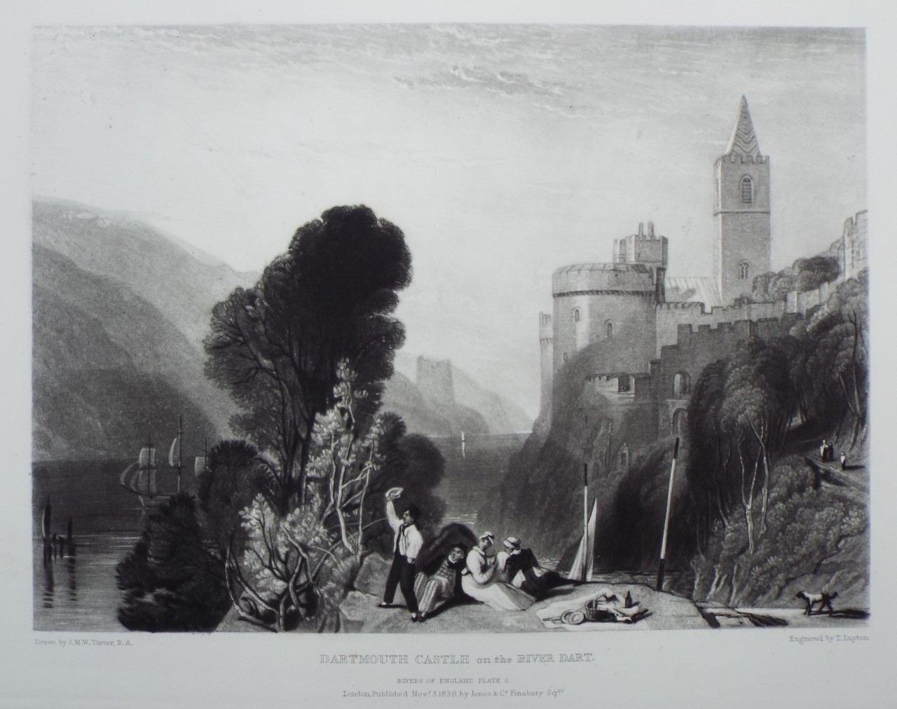 Mezzotint - Dartmouth Castle on the River Dart. - Lupton