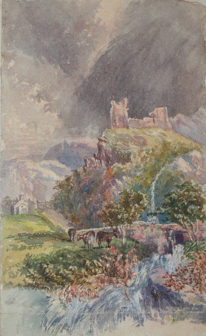 Watercolour - Landscape with ruined castle on a hill