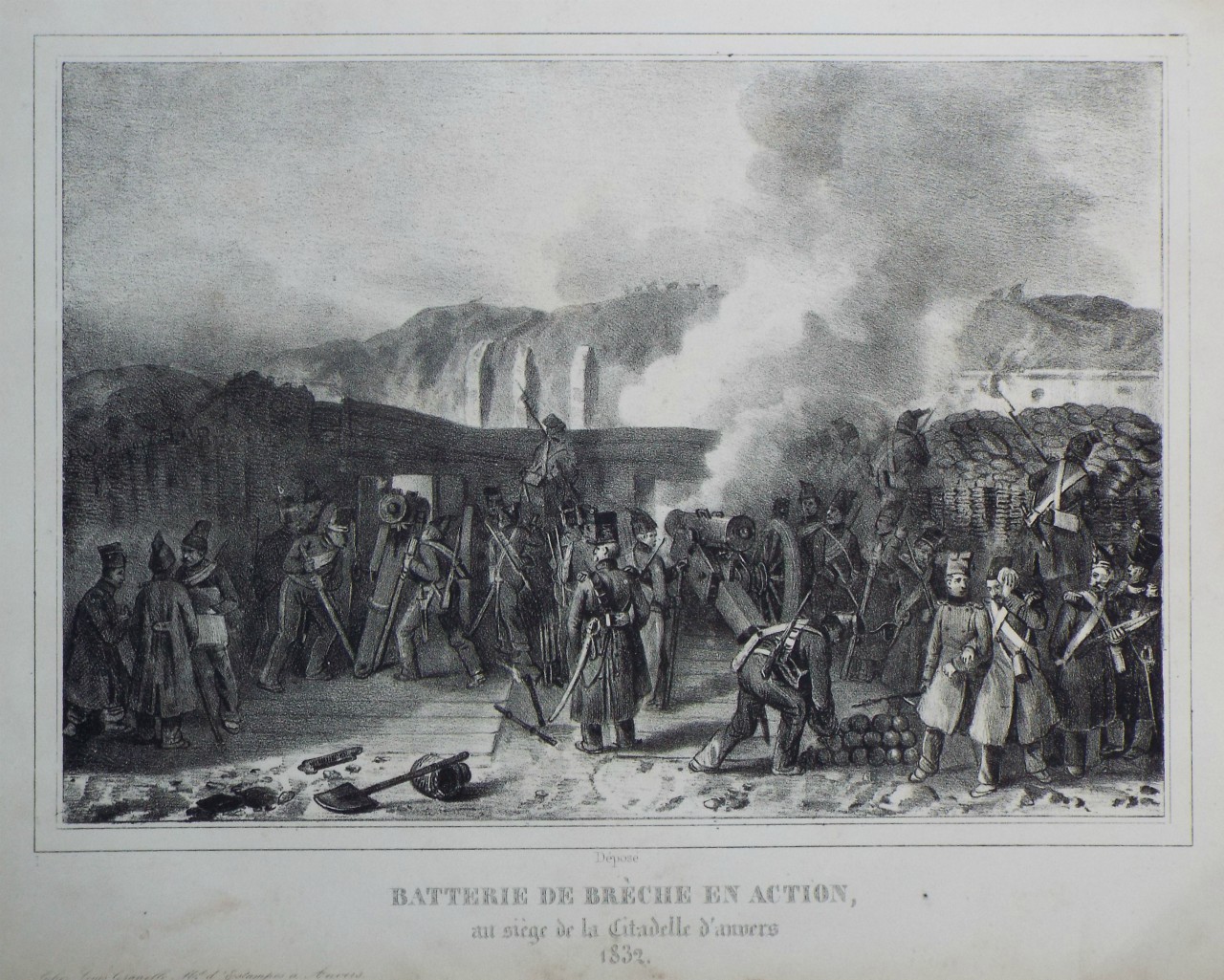 Lithograph - Batterie de Breche en Action, au siege de la Citadelle d'anvers 1832.