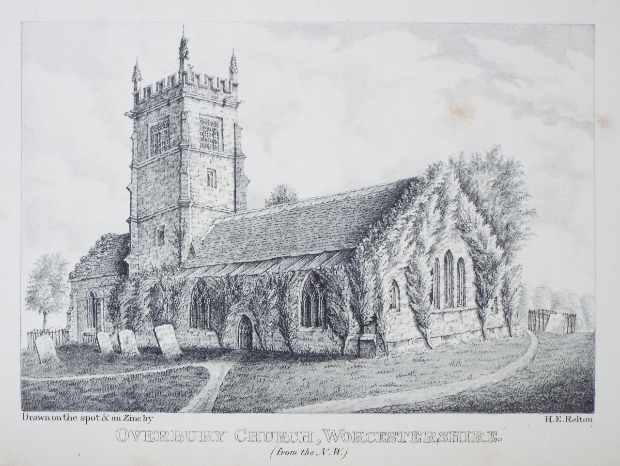 Zinc Lithograph - Overbury Church, Worcestershire. (from the N.W.) - Relton