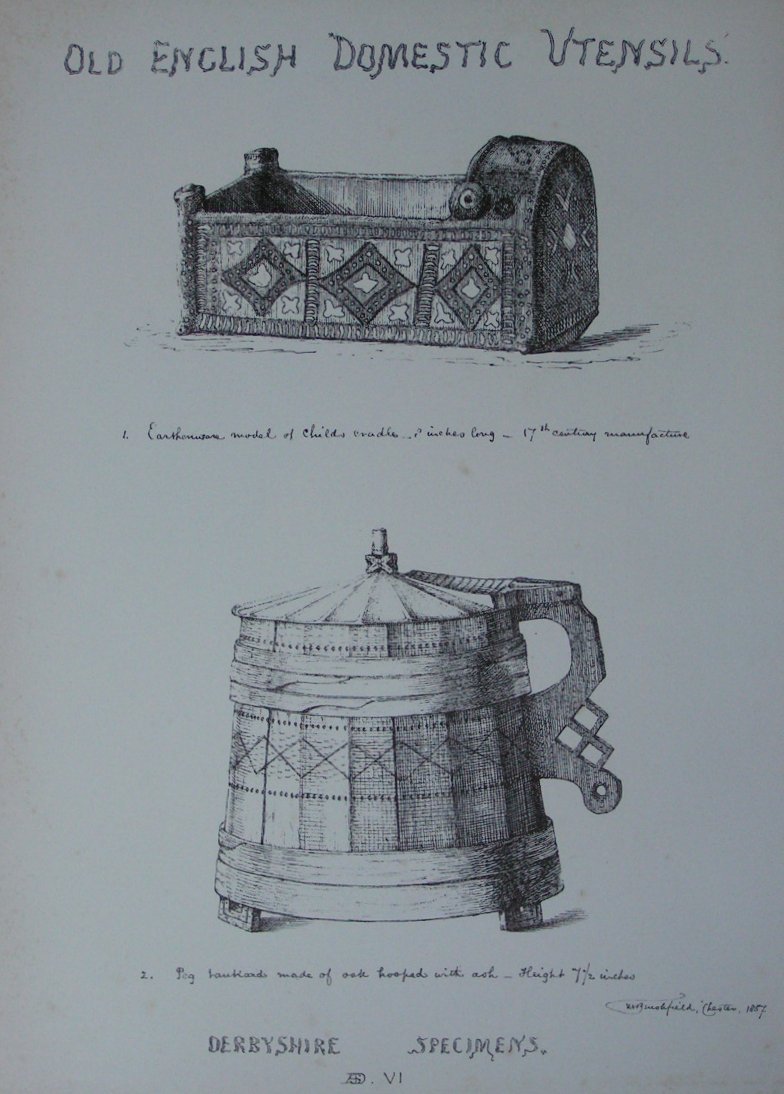 Lithograph - Old English Domestic Utensils. Derbyshire Specimes