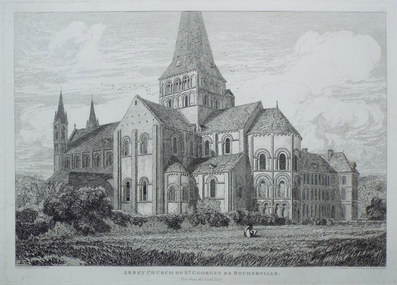 Etching - Abbey Church of St. Georges de Bocherville. View from the South East. - Cotman