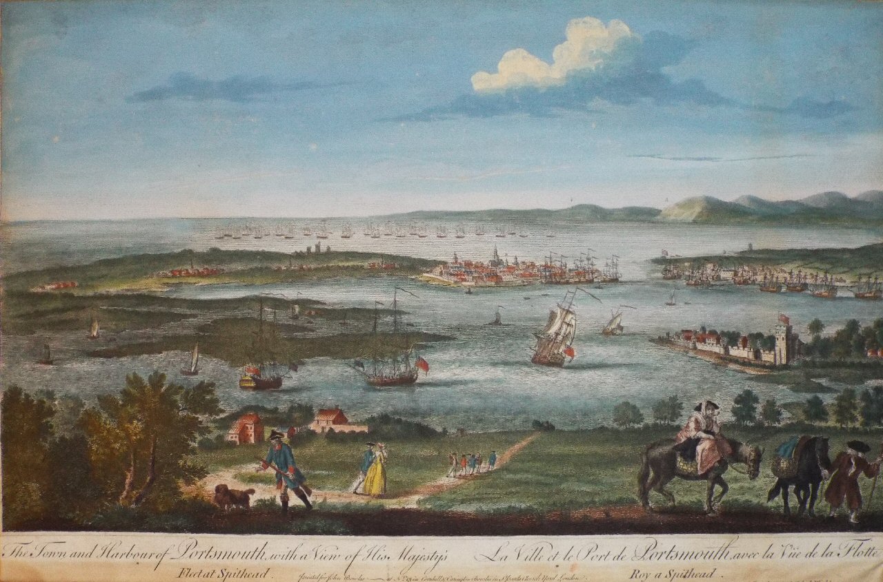 Print - The Town and Harbour of Portsmouth, with a view of His Majesty's Fleet at Spithead. La Ville t le Port de Portsmouth, avec la Vue de la Flotte Roy a Spithead.