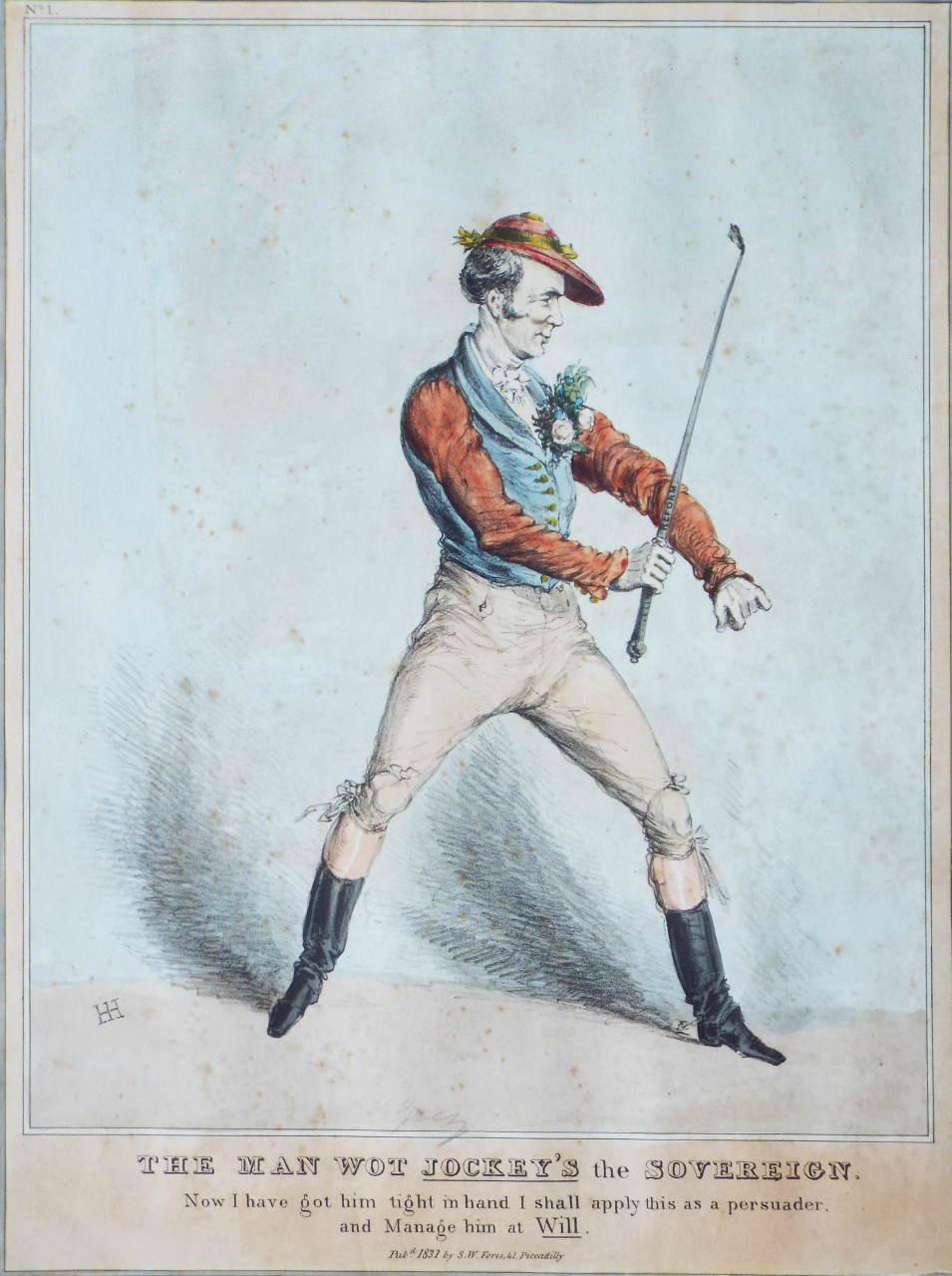 Etching - The Man Wot Jockey's the Sovereign. Now I have got him tight in hand I shall apply this as a persuader, and Manage him at Will. - Heath