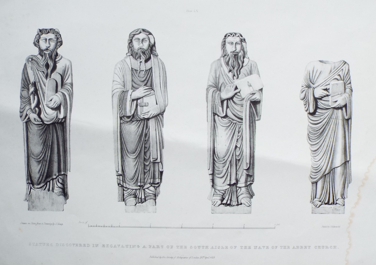 Lithograph - Statues Discovered in Excavations of the South Aisle of the Nave of the Abbey Church. - Nash