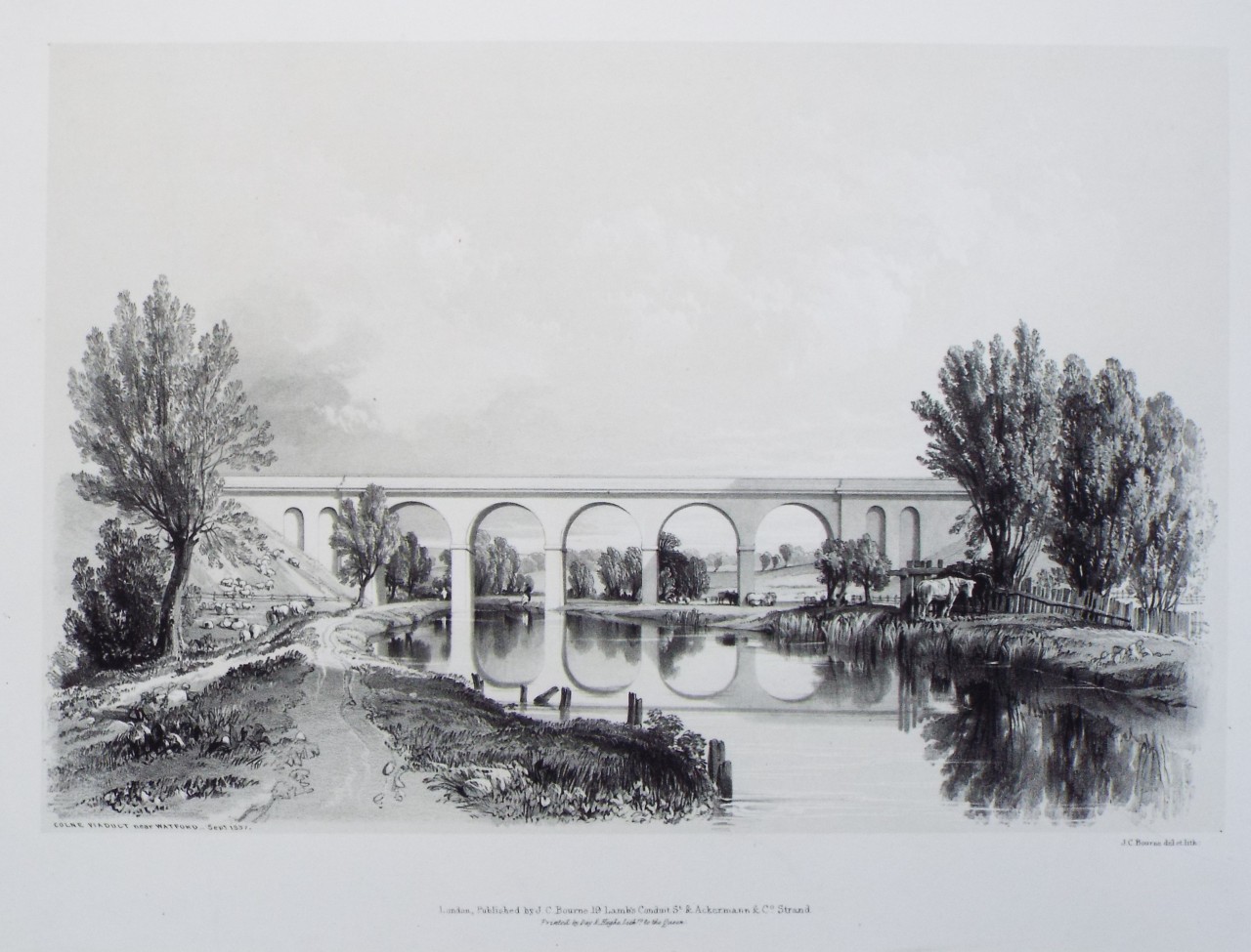 Lithograph - Colne Viaduct near Watford. Sept. 1837. - Bourne