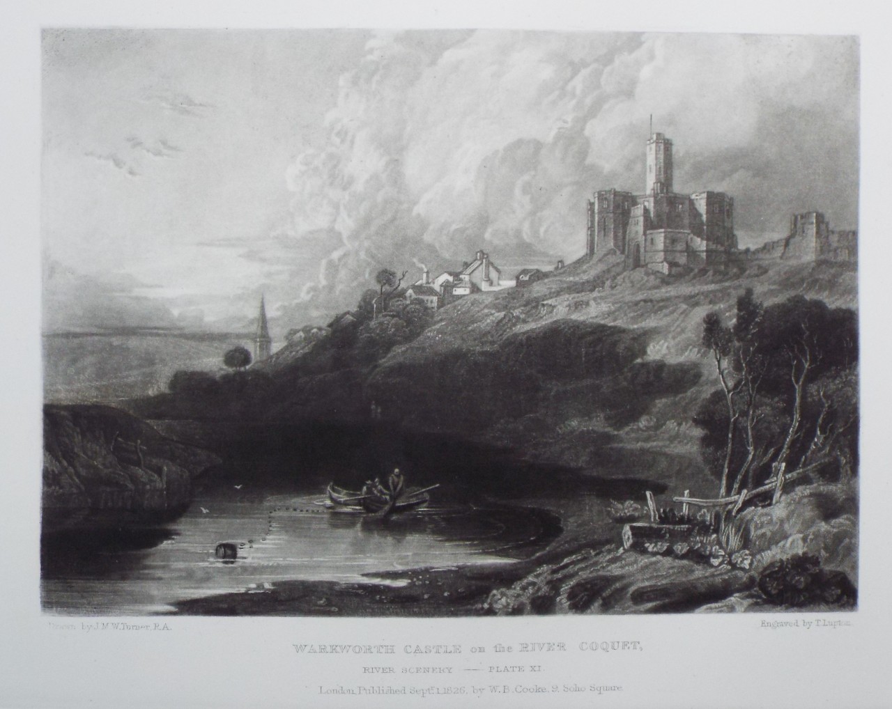 Mezzotint - Warkworth Castle on the River Coquet. - Lupton