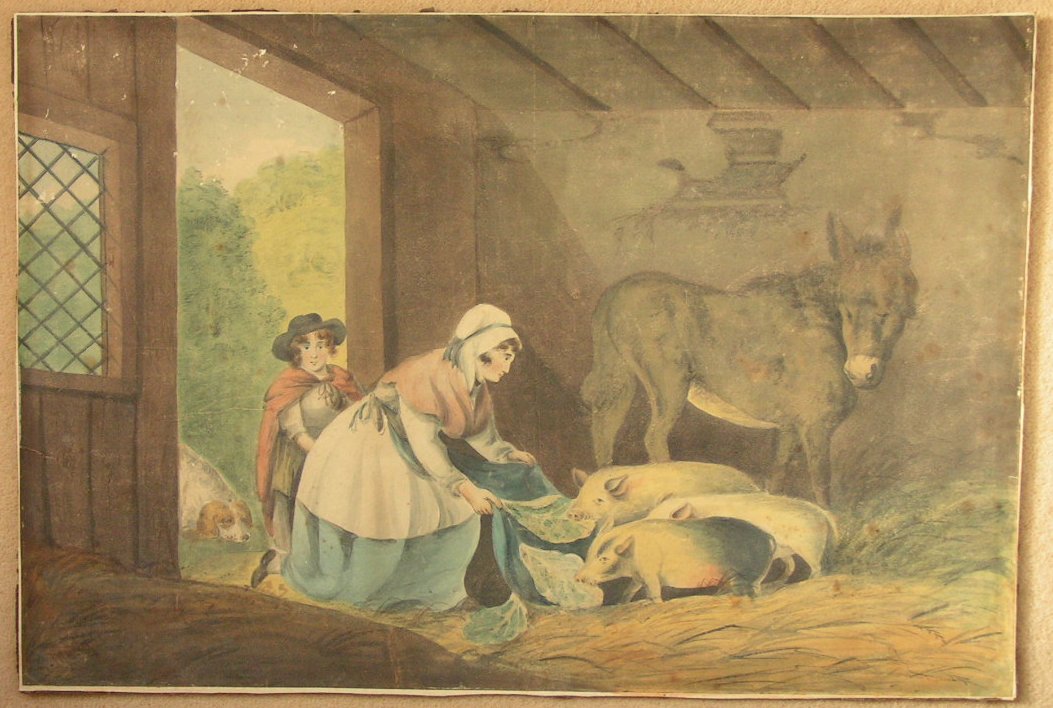 Mezzotint - Woman Feeding Pigs
