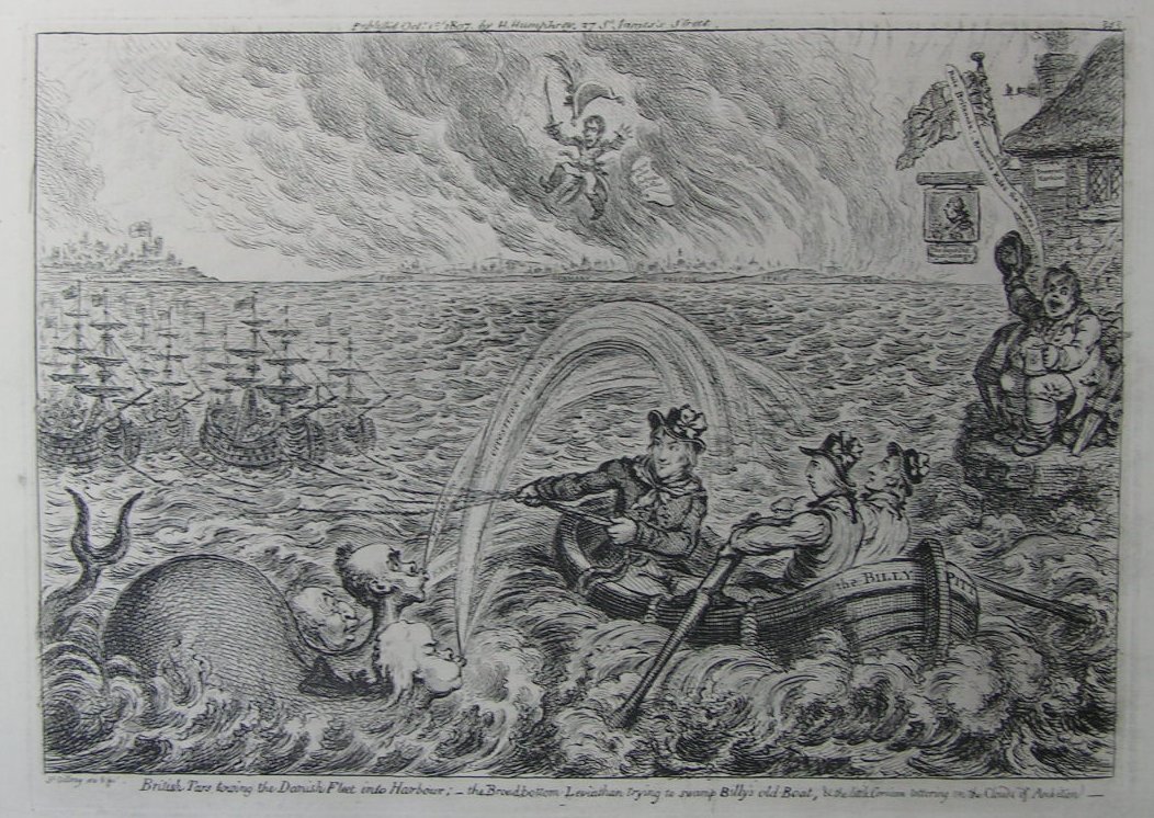 Etching - British Tars towing the Danish Fleet into Harbour:- the Broadbottom Leviathan trying to swamp Billy's old Boat, & the little Corsican tottering on the Clouds of Ambition - Gillray