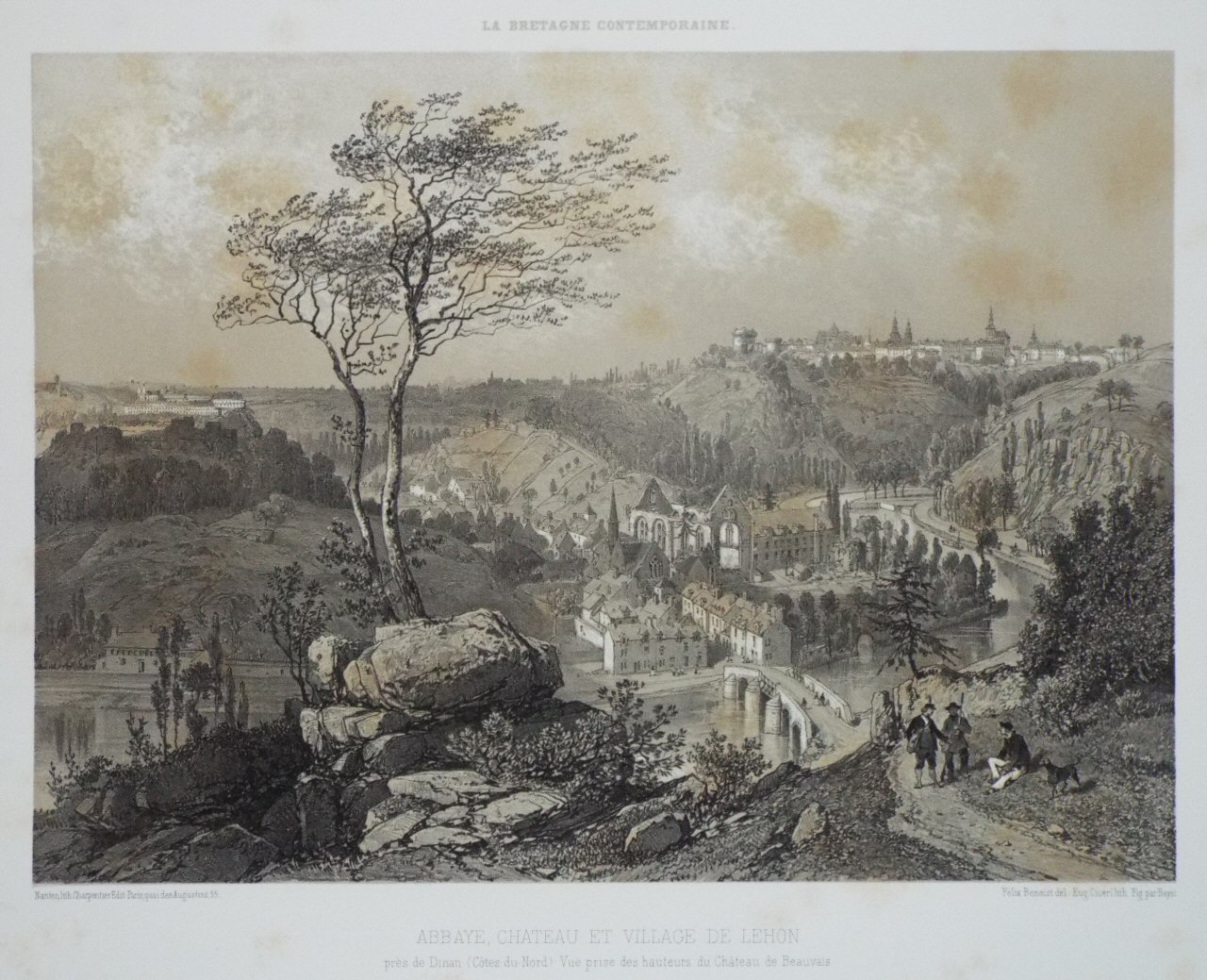 Lithograph - Abbaye, Chateau et Village de Lehon pres de Dinan (Cotes-du-Nord) Vue prise des hauteurs du Chateau de Beauvais - Ciceri