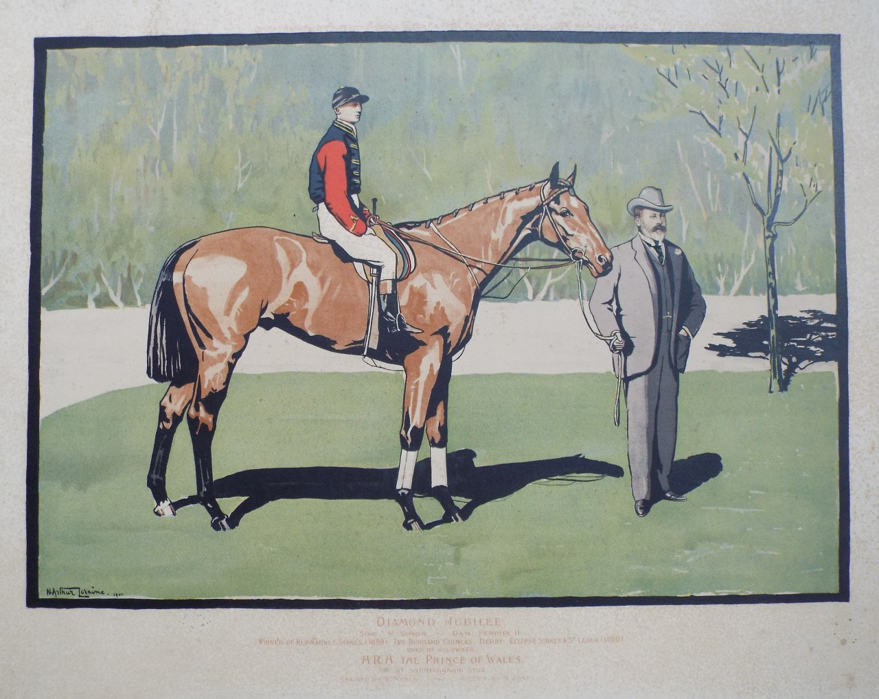 Chromo-lithograph - Diamond Jubilee. Sire St. Simon - Dam. Perdita II. Winner of Newmarket Stakes (1899) Two Thousand Guineas, Derby, Eclipse Stakes & St. Leger (1900) Bred by his Owner. H.R.H. the Prince of Wales. at Sandringham Stud. Trained by R. Marsh. Ridden by H. Jones. - Loraine