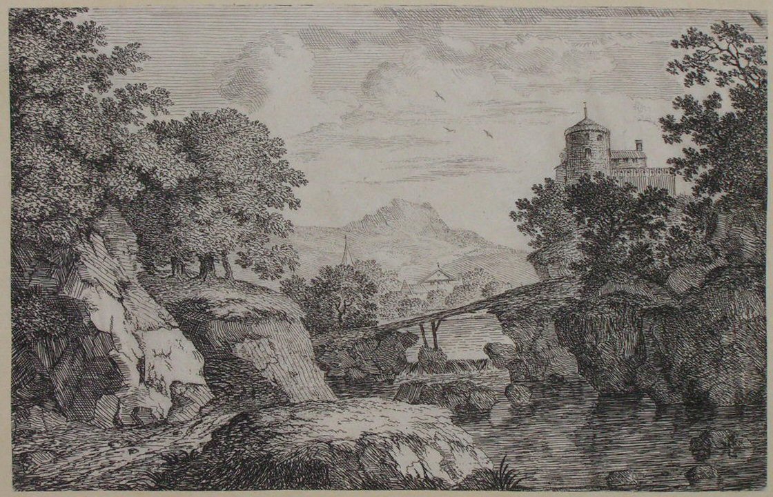 Print - (Landscape with wooden bridge over a river and a tower) - Smith