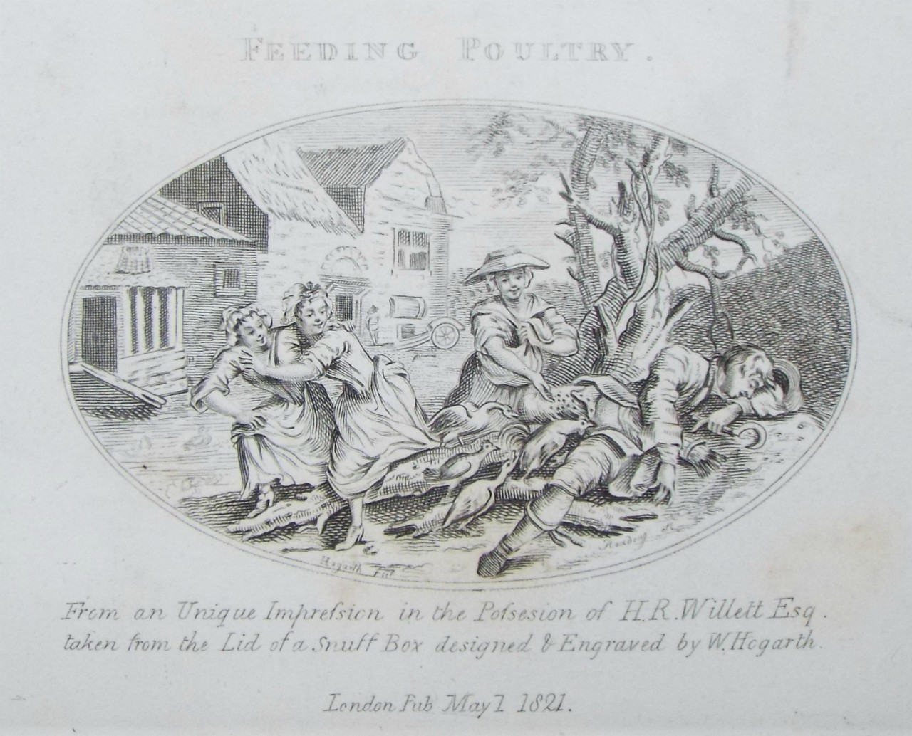 Print - Feeding Poultry. From an impression in the Possession of H.R.Willett Esq. taken from the Lid of a Snuff Box designed & Engraved by W. Hogarth.  - 