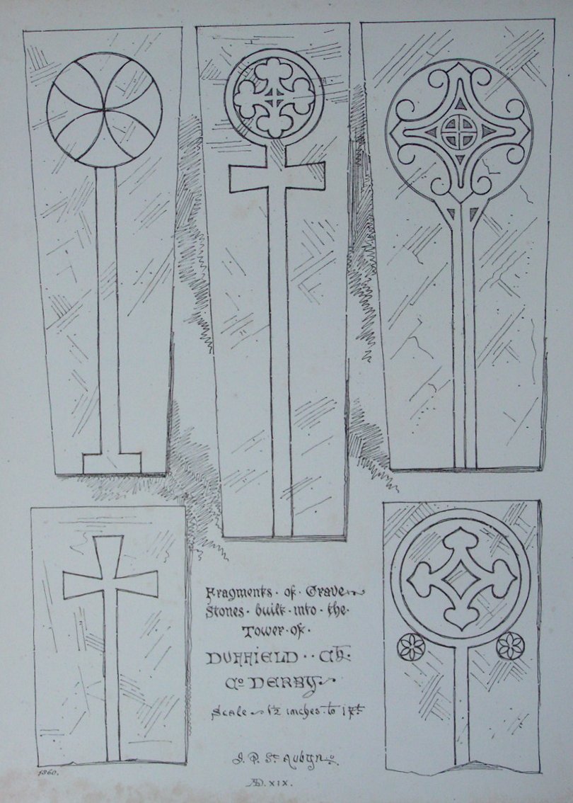 Lithograph - Fragments of the Grave Stones built into the Tower of Duffield Ch Co Derby