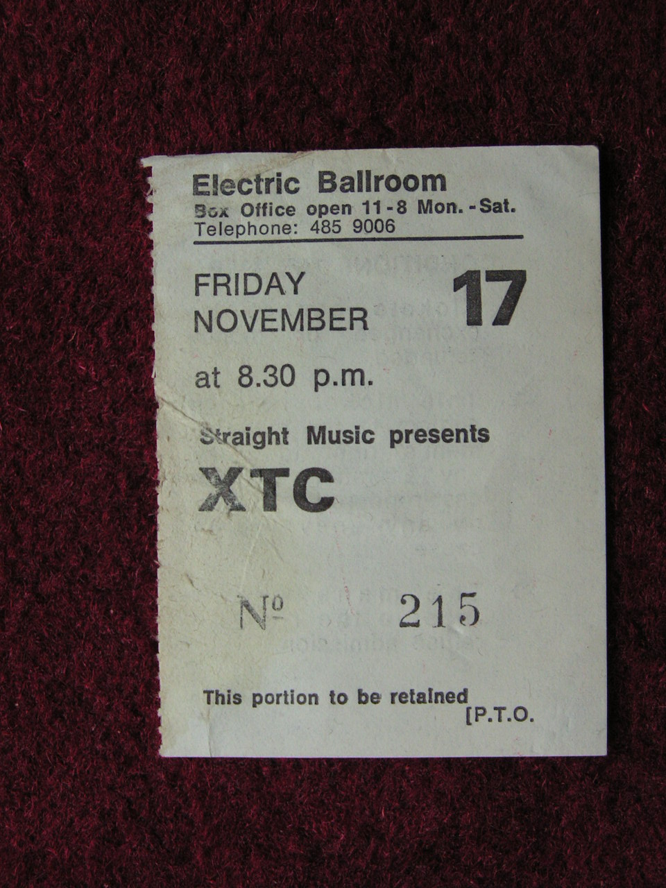 Ticket Stub - XTC Electric Ballroom Fri Nov 17 78