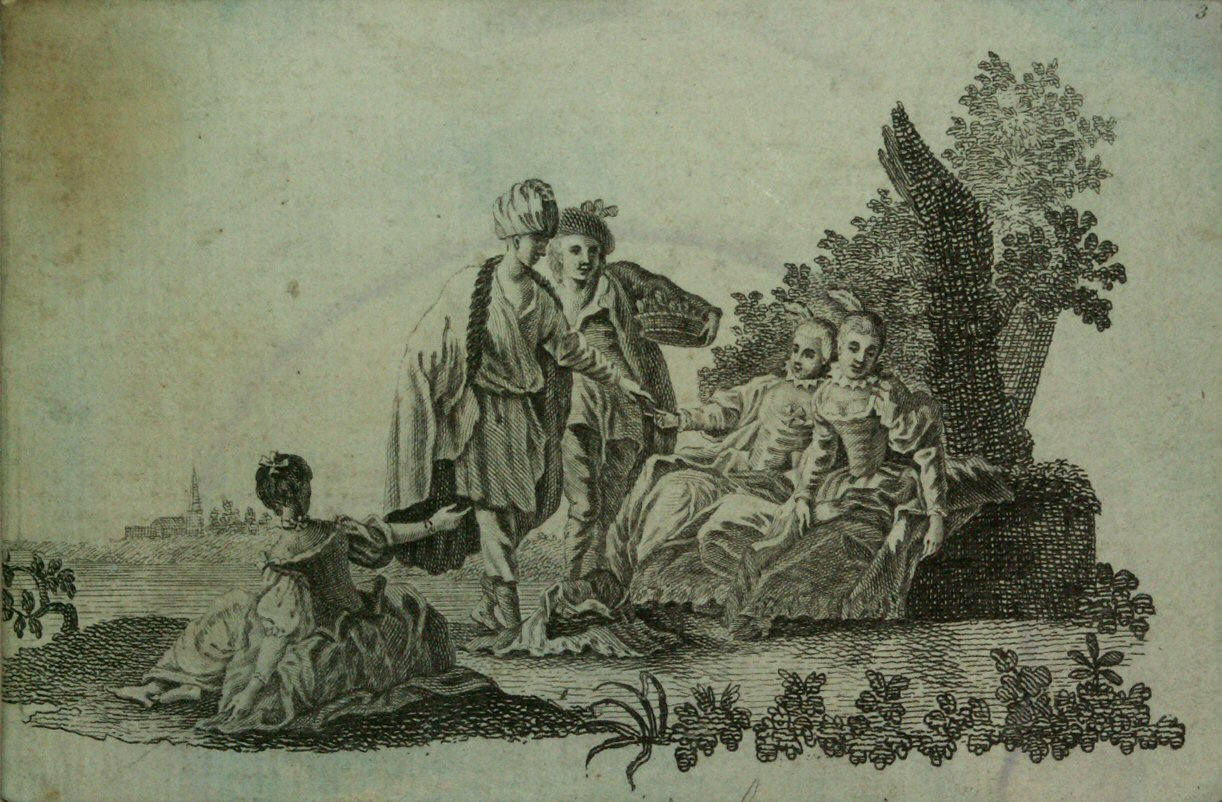 Etching - (Three ladies with twopedlars a pastoral landscape)