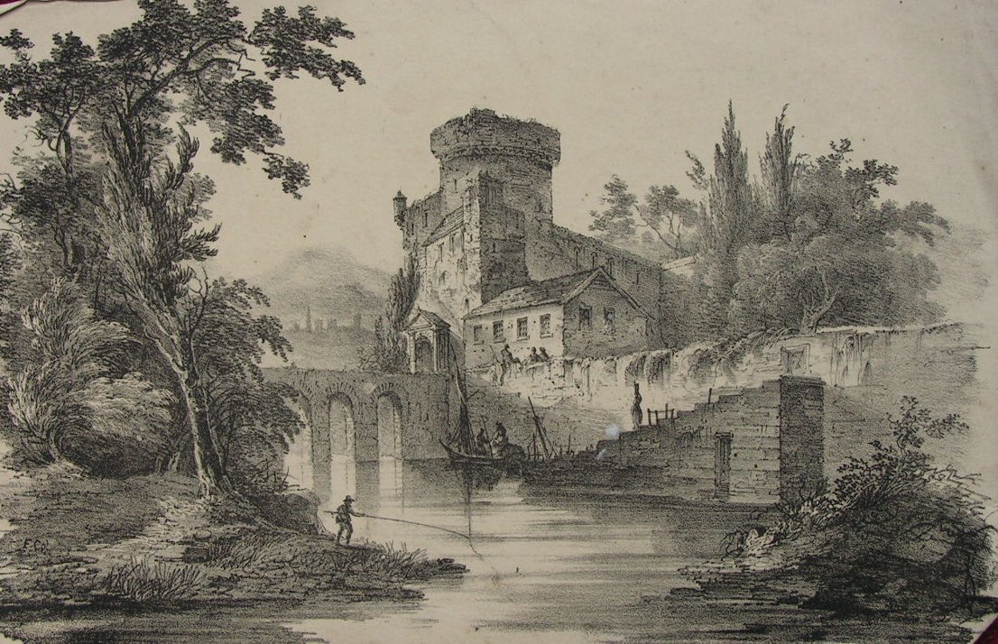 Lithograph - (River scene with castle, bridge etc)