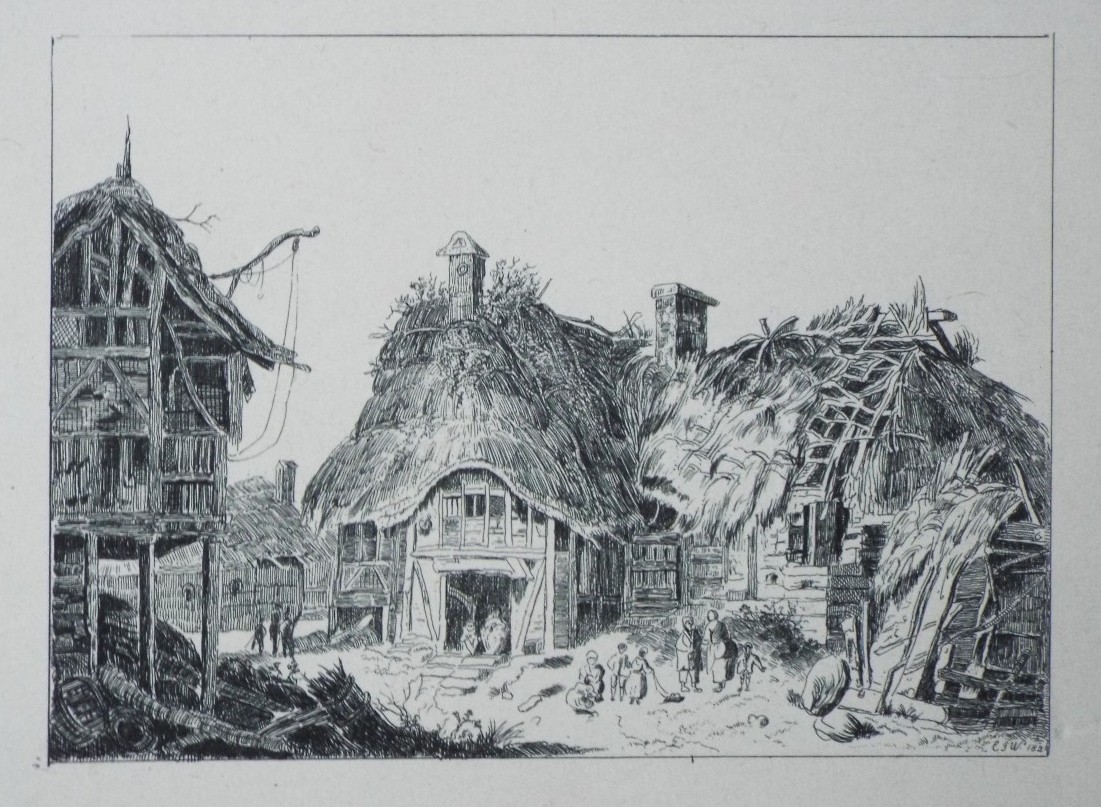 Etching - Ruinous thatched barn and cottages - Wilkinson