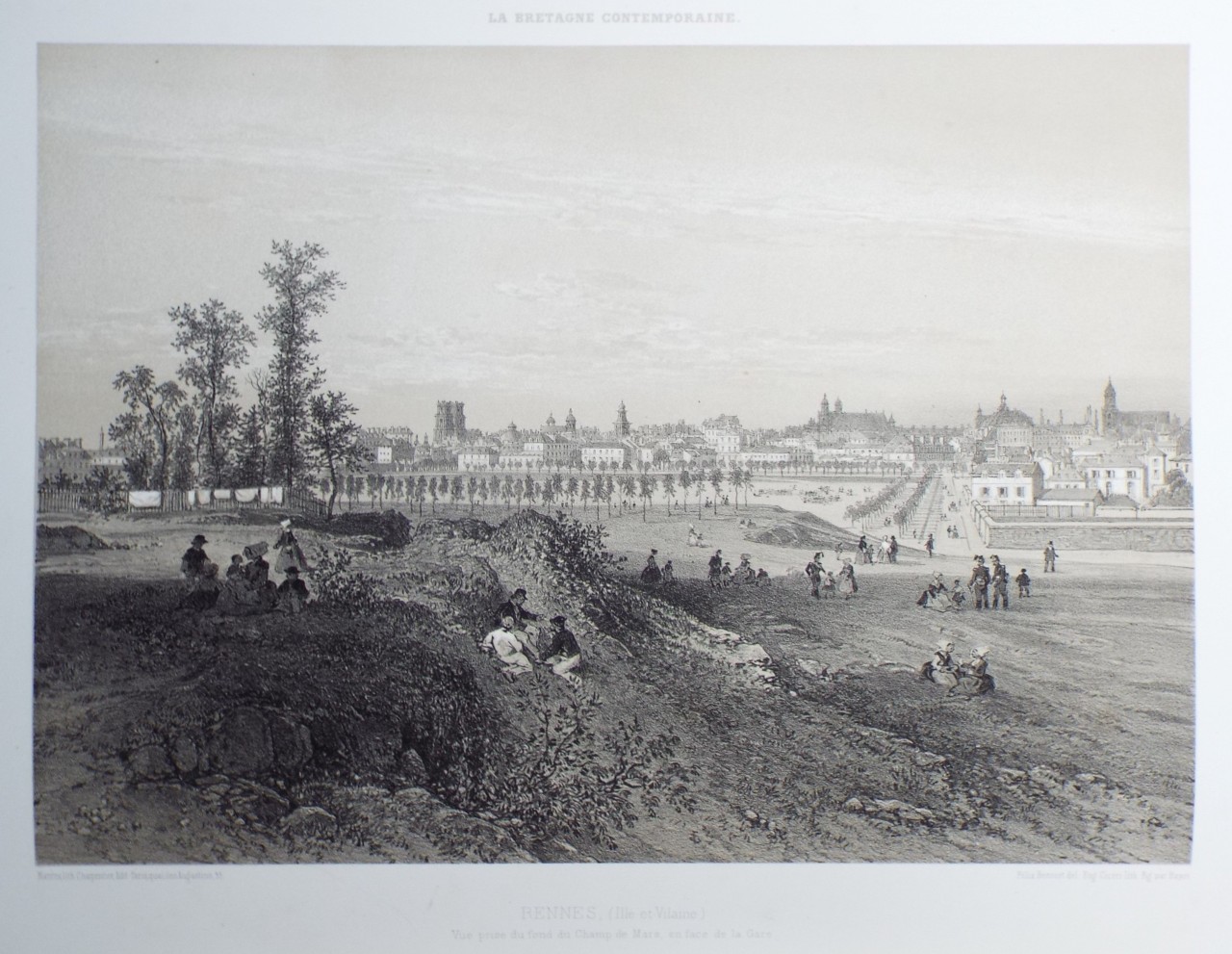 Lithograph - Rennes. (Ille-et-Vilaine) Vue prise du fond du Champ-de-Mars, en face de la Gare. - Ciceri