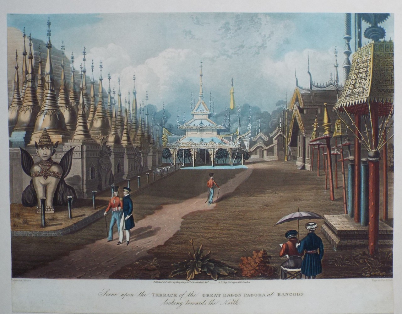 Aquatint - Scene upon the Terrace of the Great Dagon Pagoda at Rangoon looking towards the North. - Hunt