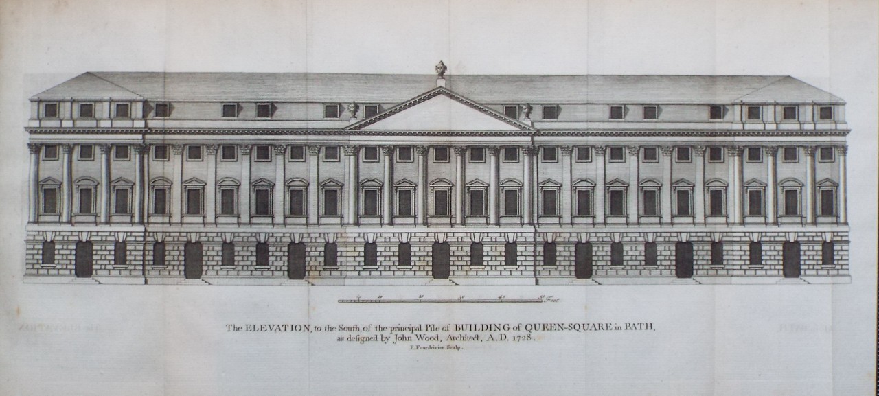 Print - The Elevation, to the South, of the principal Pile of Building of Queen-Square in Bath, as designed by John Wood, Architect, A. D. 1728. - Fourdrinier