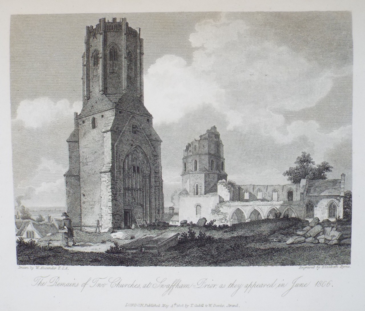 Print - The Remains of Two Churches, at Swaffham-Prior, as they appeared in June 1806. - Byrne