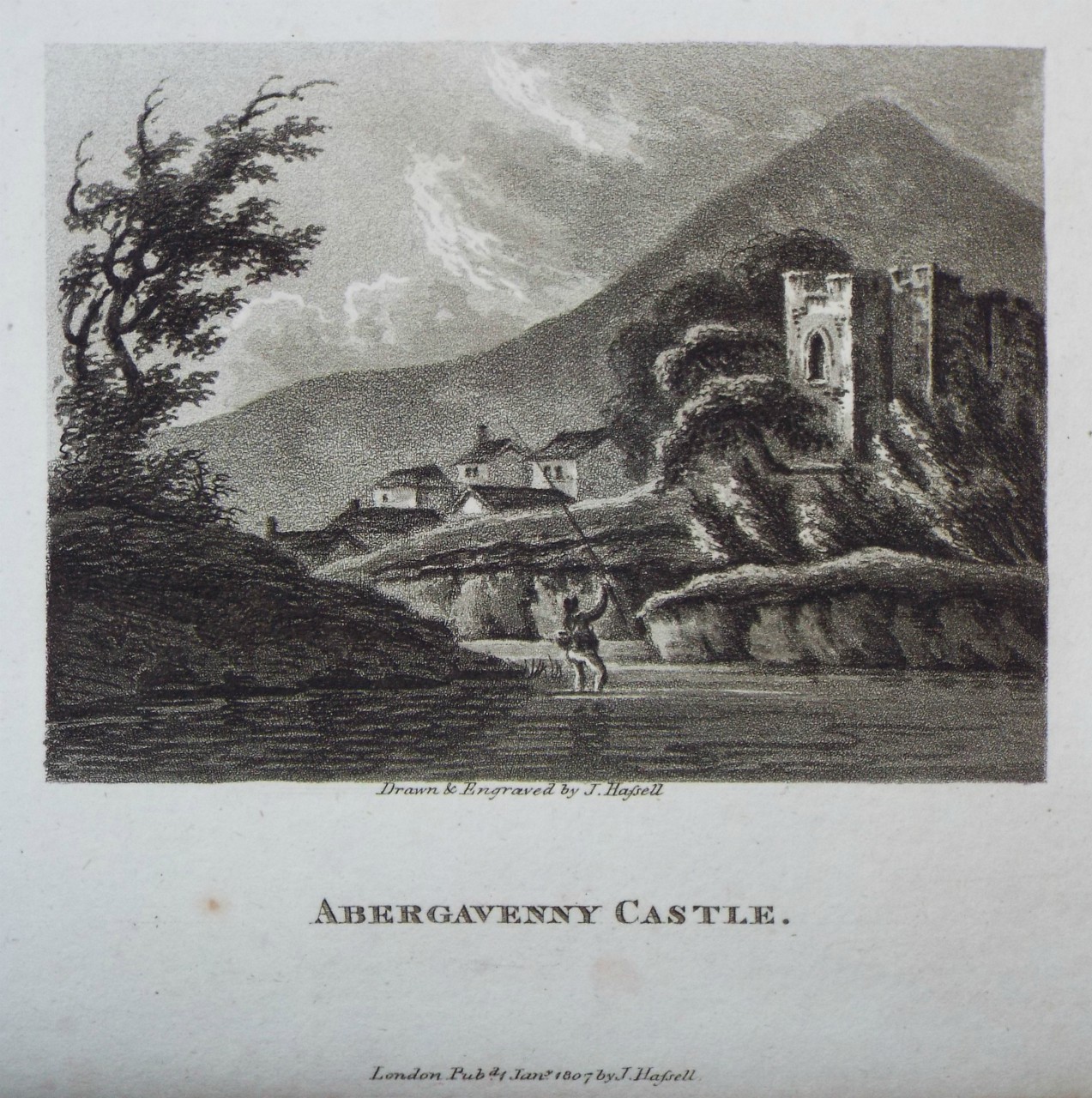 Aquatint - Abergavenny Castle. - Hassell