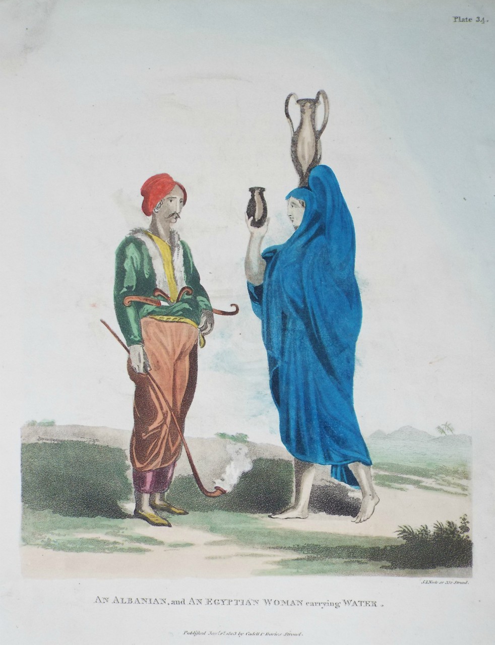 Aquatint - An Albanian, and an Egyptian Woman carrying Water. - Neele