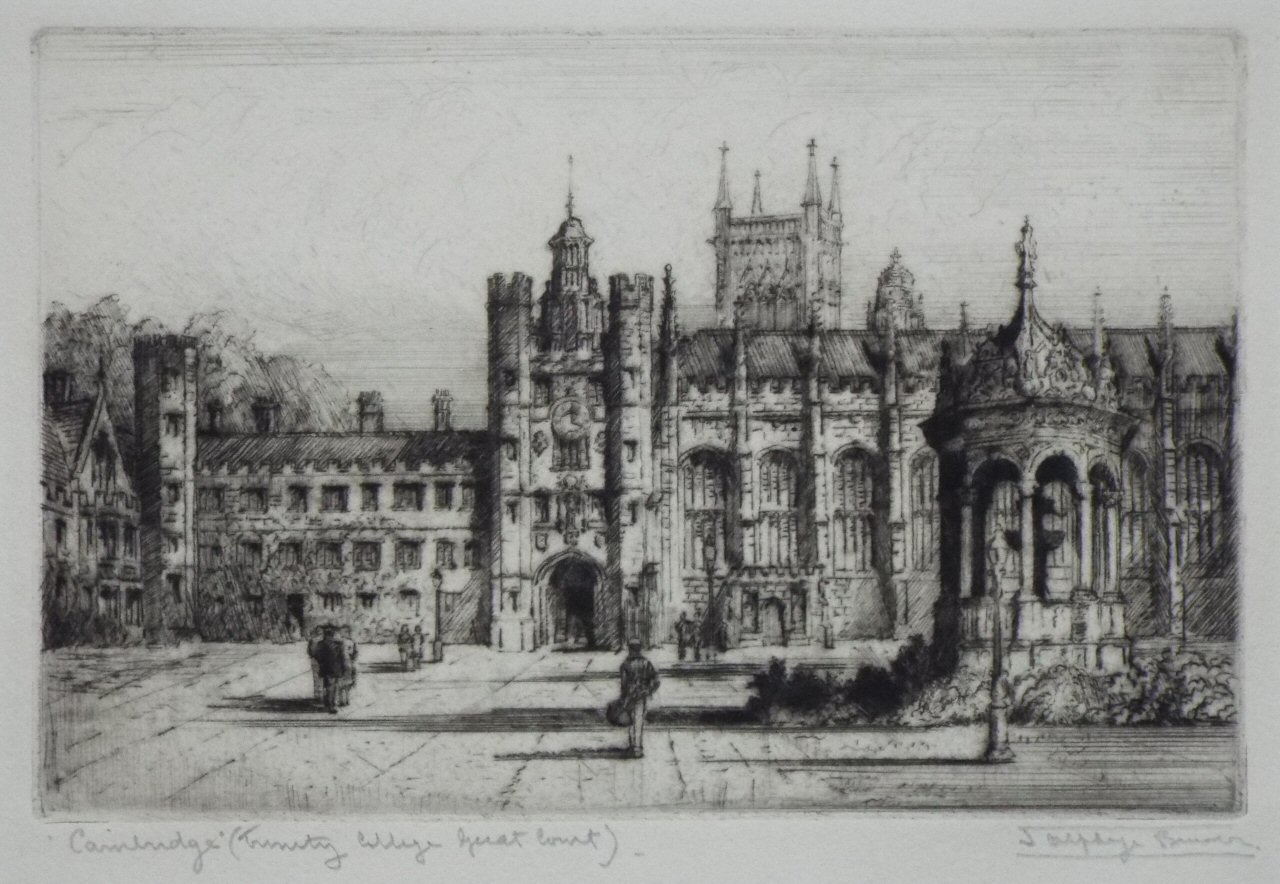 Etching - Cambridge (Trinity College Great Court). - Brewer