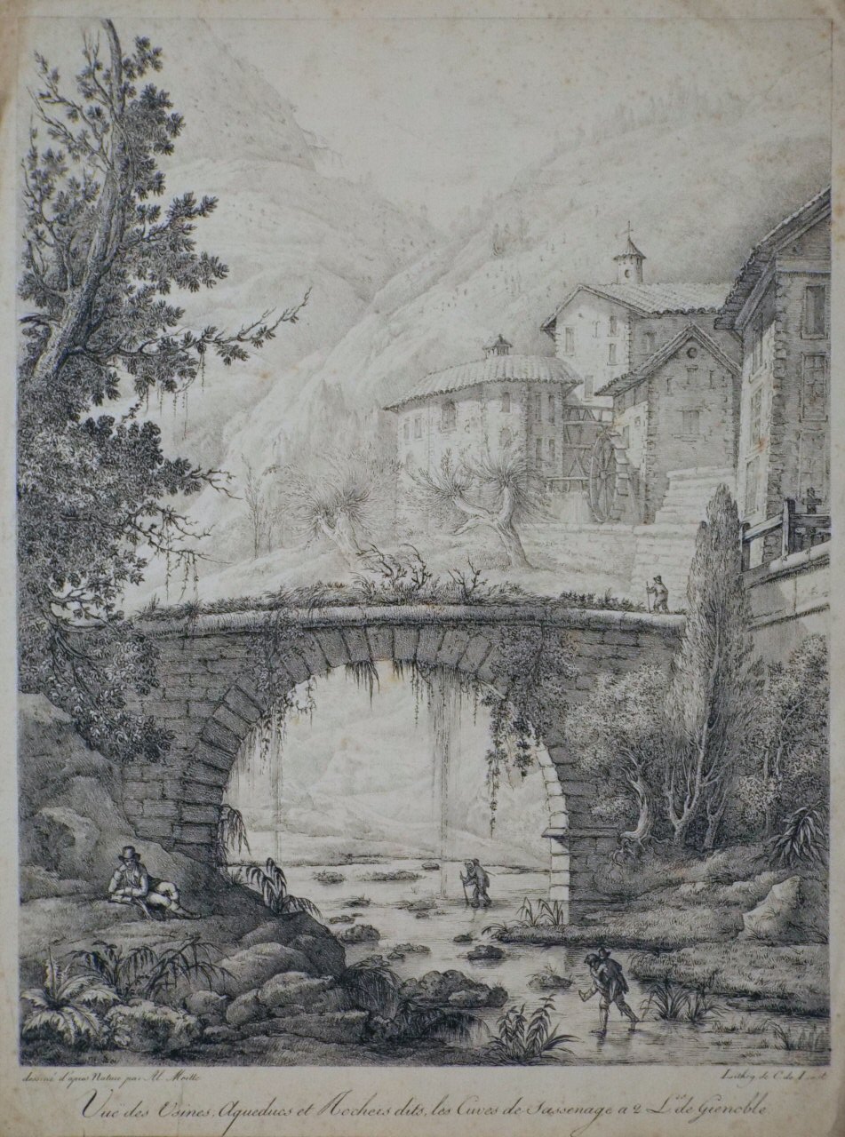 Lithograph - Vue des Usines, Aqueducs et Rochers dits, les Cuves de Sassenage a 2 L de Grenoble. - De