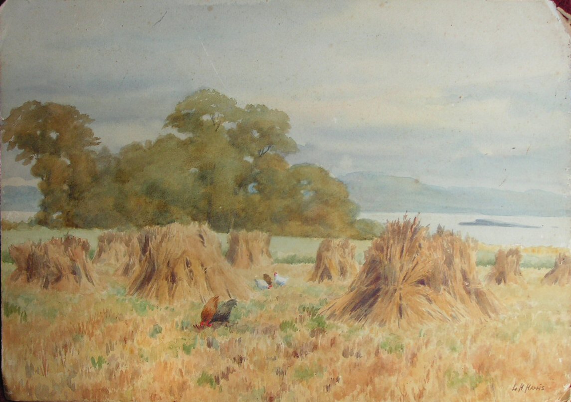 Watercolour - Corn field with chickens, Firth of Forth