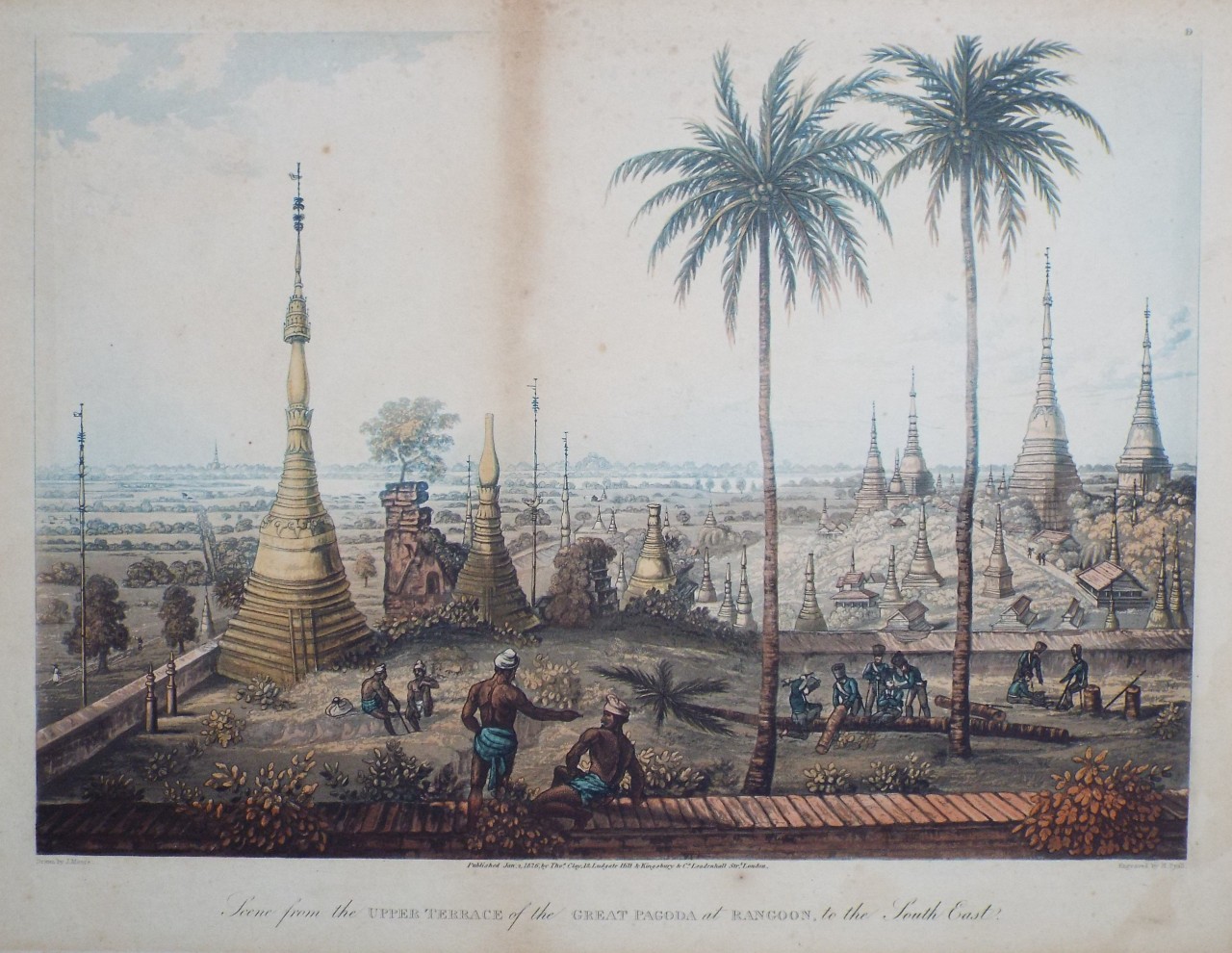 Aquatint - Scene from the Upper Terrace of the Great Pagoda at Rangoon, to the South East. - Pyall