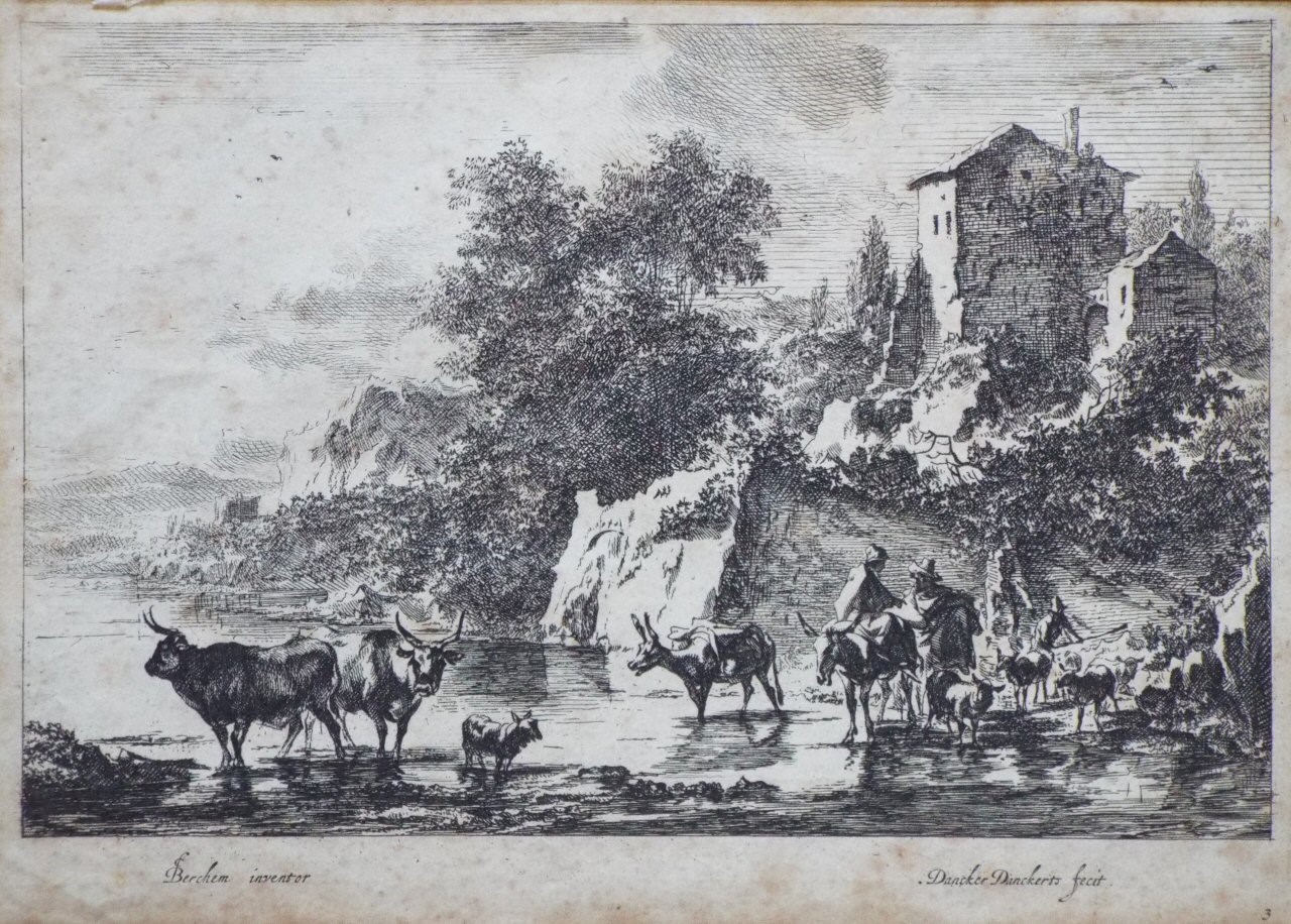 Etching - Two cows in the water with hersmen approaching a ford - Danckerts