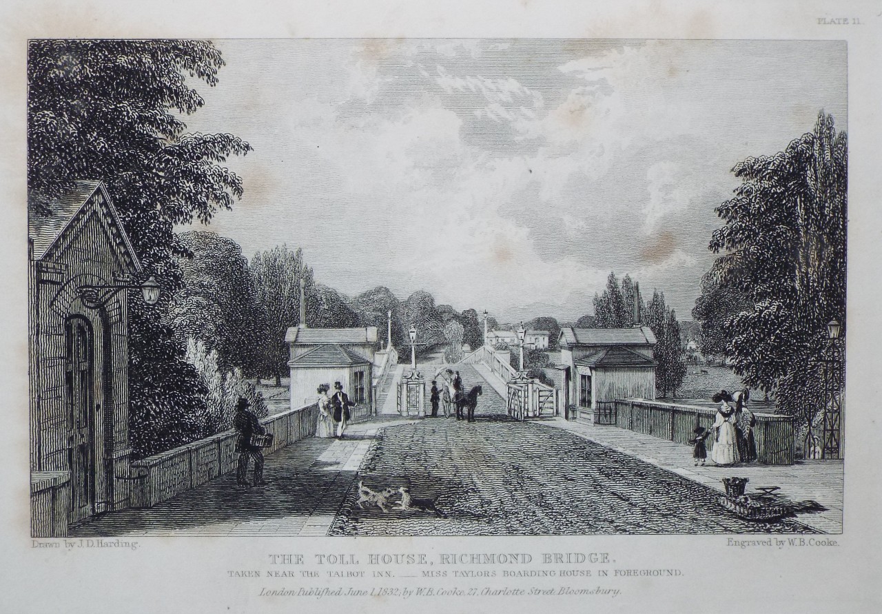 Print - The Toll House, Richmond Bridge. Taken near the Talbot Inn. Miss Taylor's Boarding House in the  - Cooke