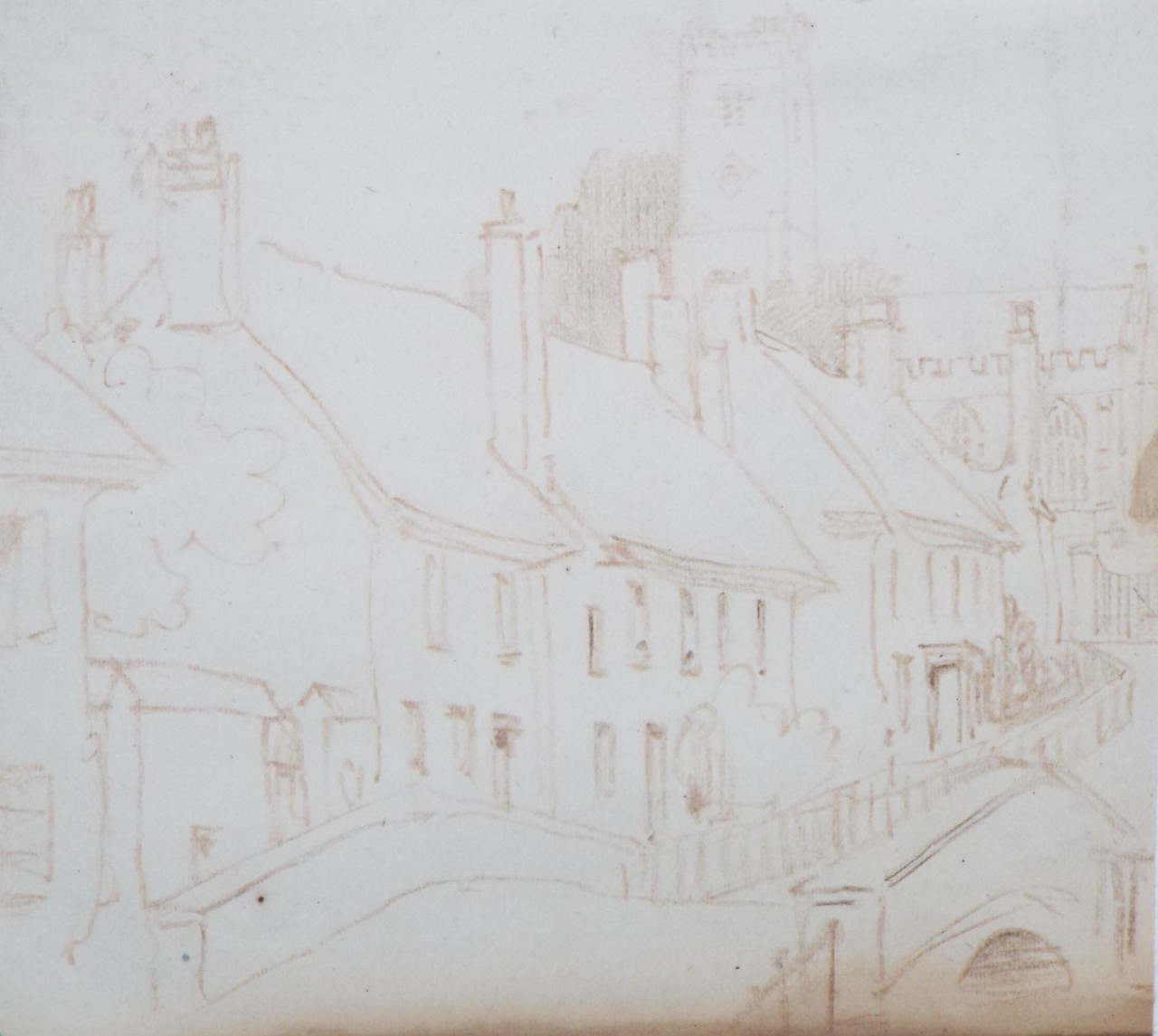 Pencil drawing - Unidentified church and street
