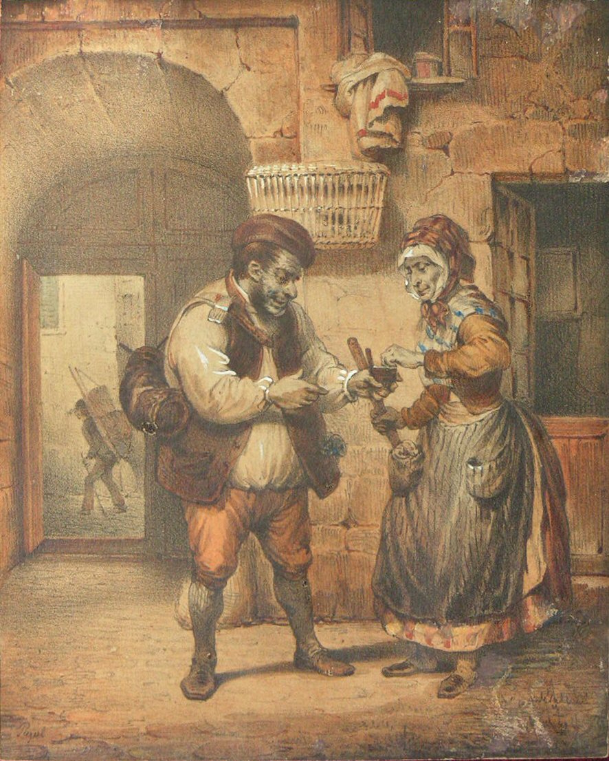 Lithograph - (A tinker selling to a woman)