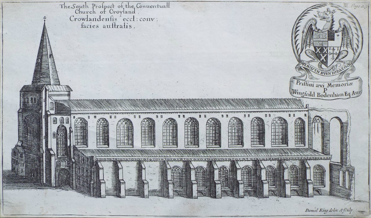 Etching - The South Prospect of the Conuentuall Church of Croyland. Crowlandensis eccl: conv: facies australis. - King