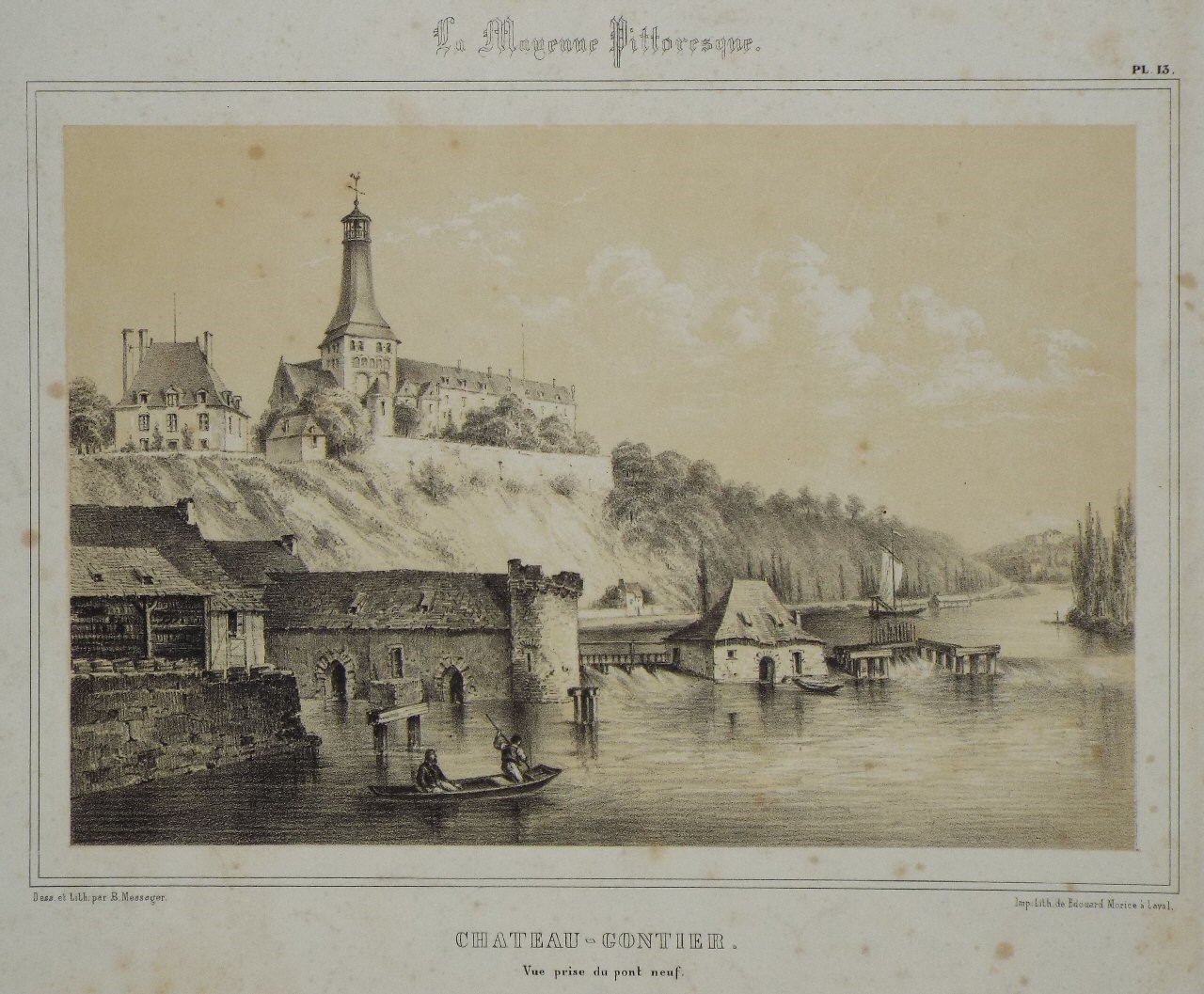 Lithograph - Chateau - Gontier. Vue prise de pont neuf. - Messager
