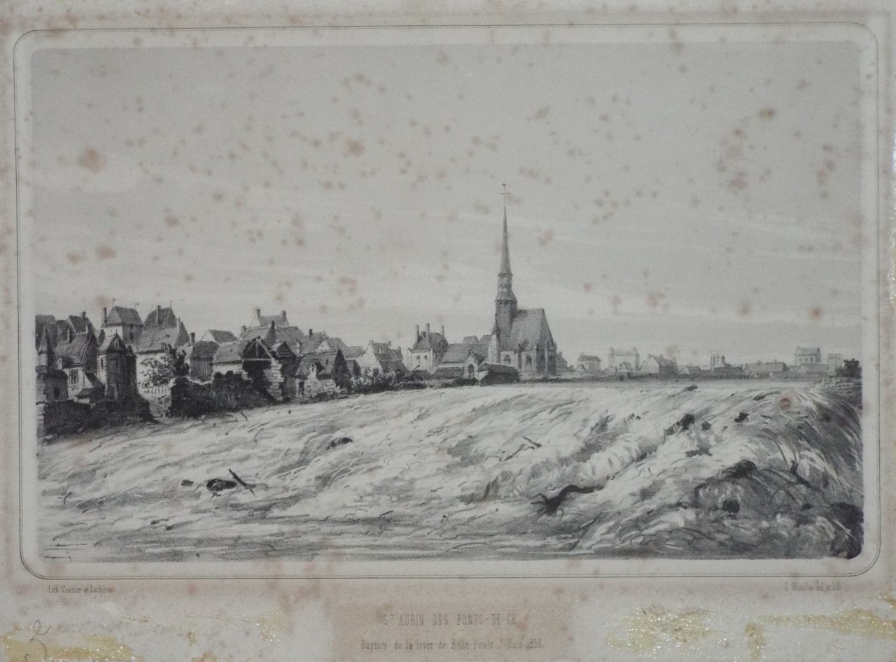 Lithograph - St. Aubin des Ponts-de-Ce Rupture de la Levee de Belle-Poule, 7 Juin 1856. - Moullin